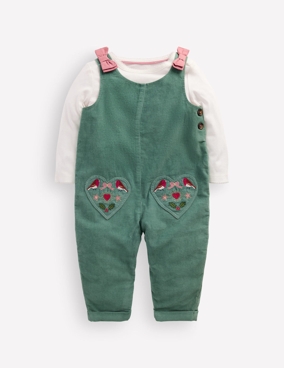 Ensemble avec salopette tissée-Broderie festive vert mélèze-1