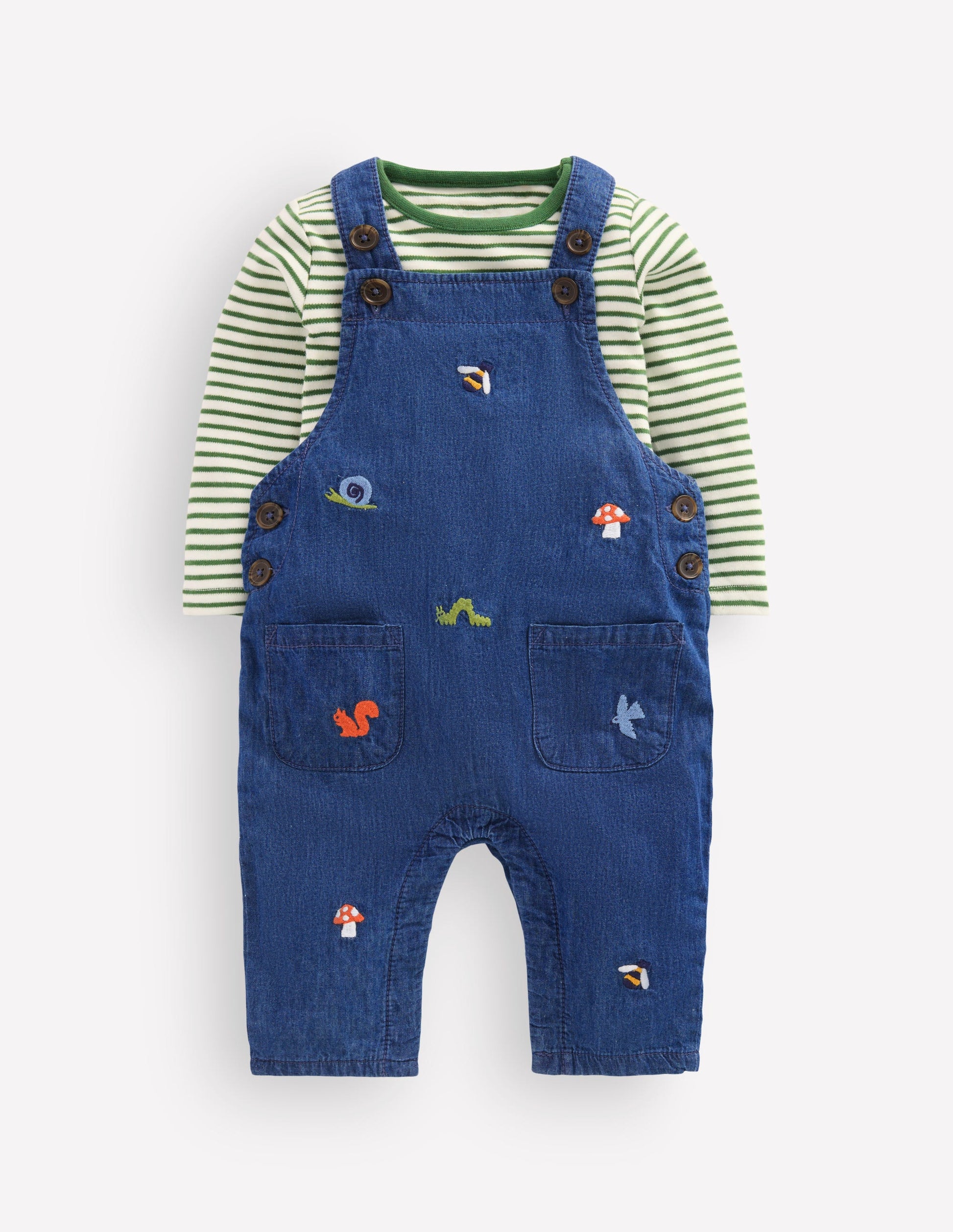 Gewebtes Latzhosen-Set-Denim Waldgrün Stickerei-1
