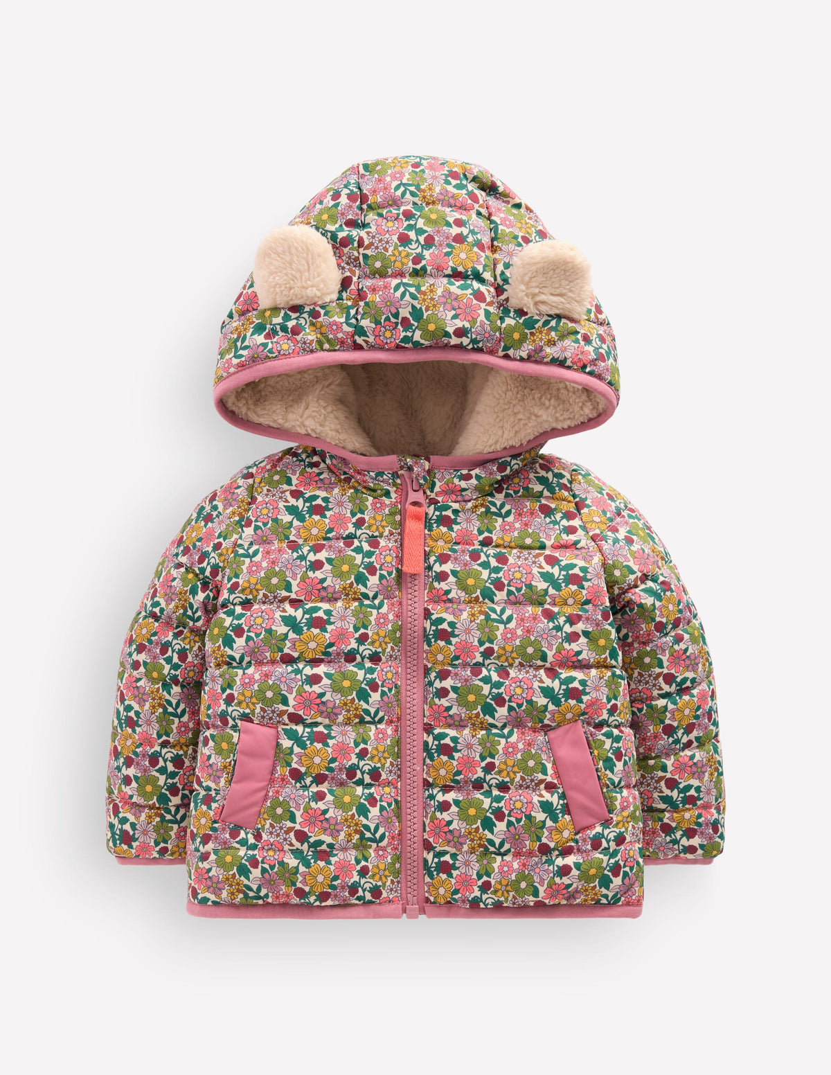 Pufferjacke mit kuscheligem Futter-Papyrus Himbeer Blumenmuster-1