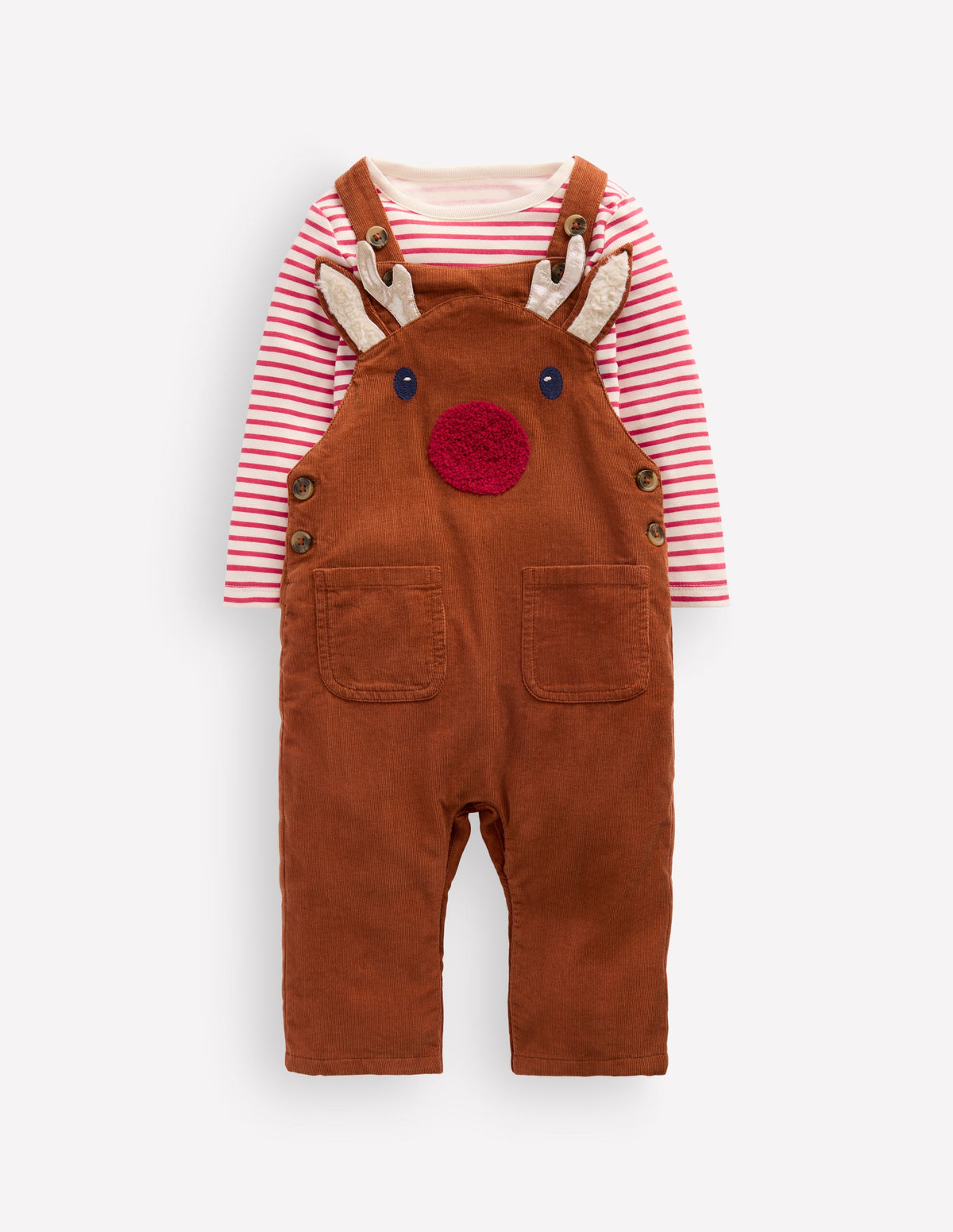 Novelty Cord Dungaree Set-Brown Reindeer - Image 1