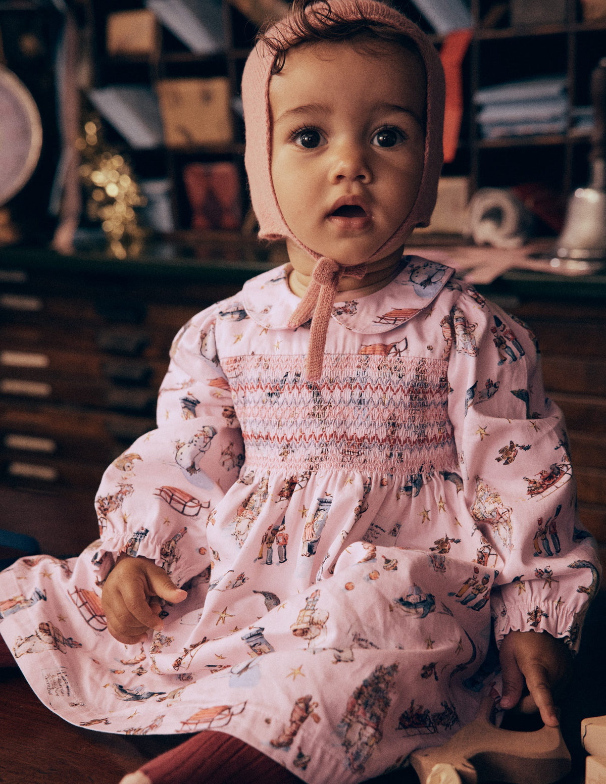 Jolie robe à smocks-Bureau de poste polaire rose-1