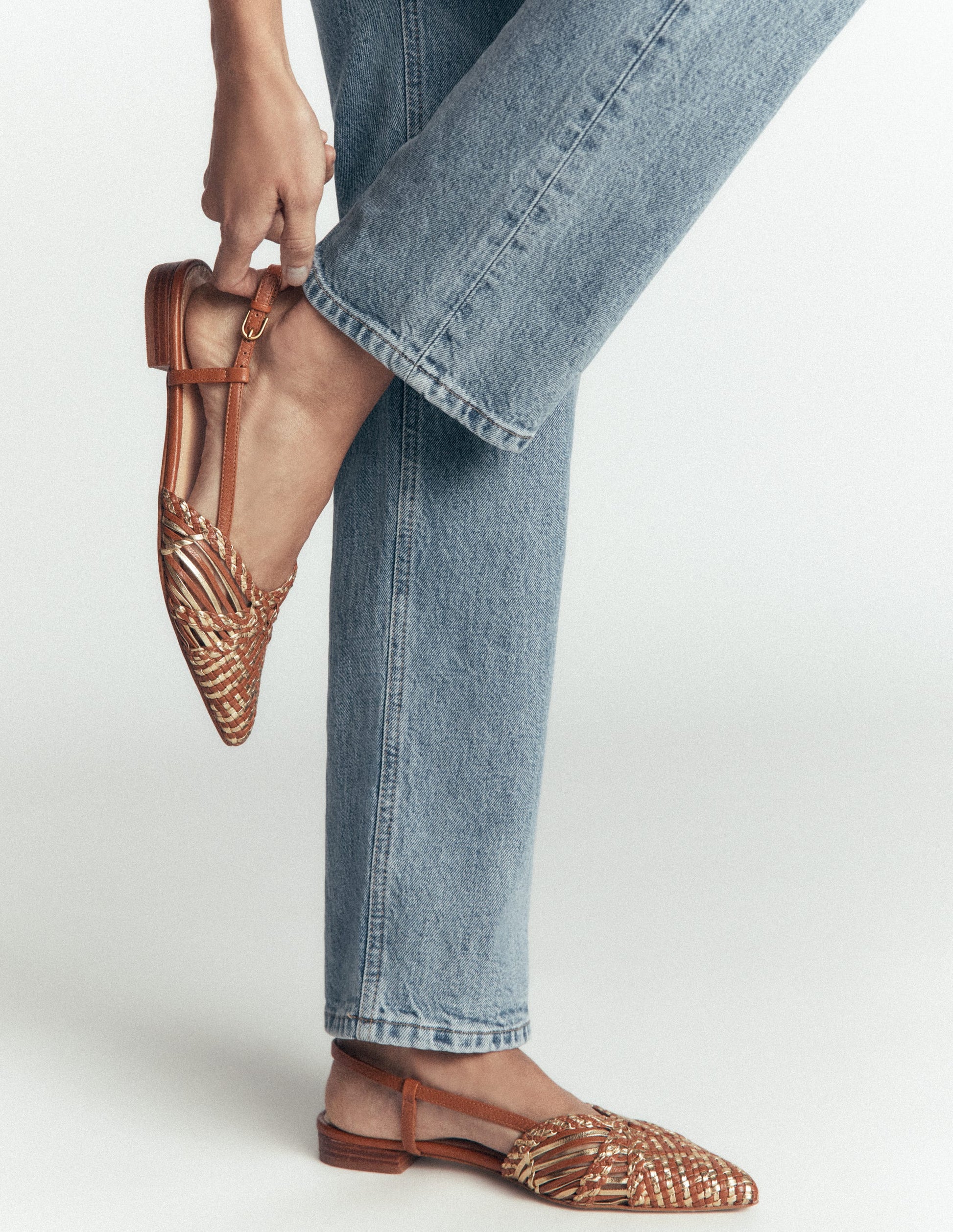 Woven Detail Pointed Flats-Tan/ Gold-1