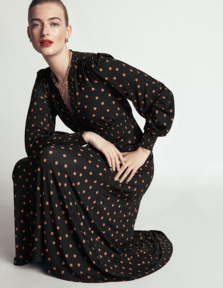 Robe midi Georgia en jersey-Noir et huile dʼargan, pois