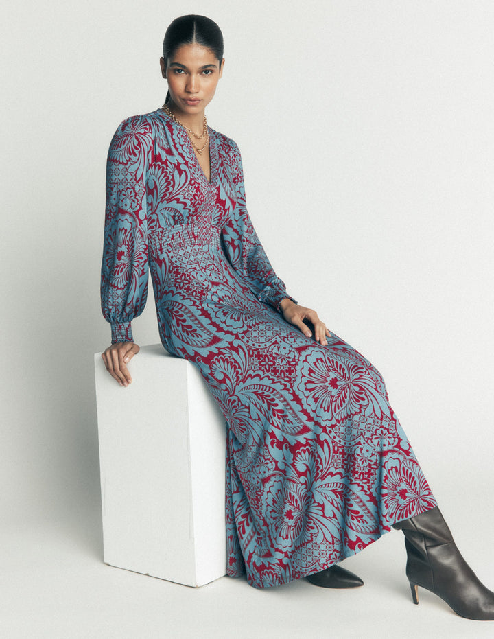 Robe midi Georgia en jersey-Bleu pied-d'alouette, motif botanique