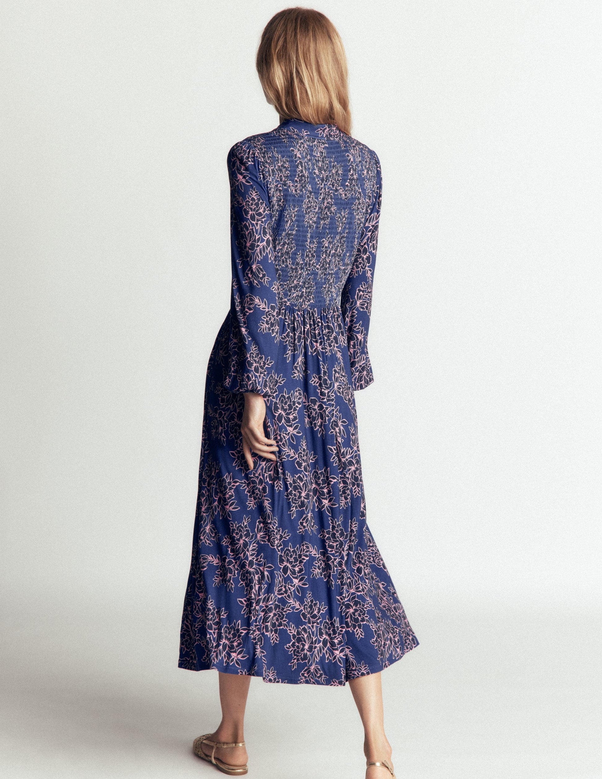 Gesmoktes Jerseykleid-Echtes Marineblau, Verzauberte Pfingstrose-3