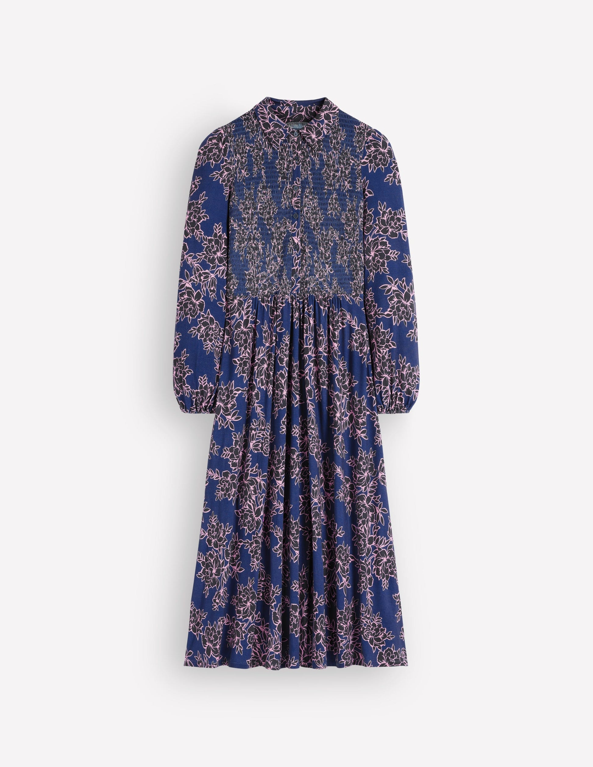 Gesmoktes Jerseykleid-Echtes Marineblau, Verzauberte Pfingstrose-5