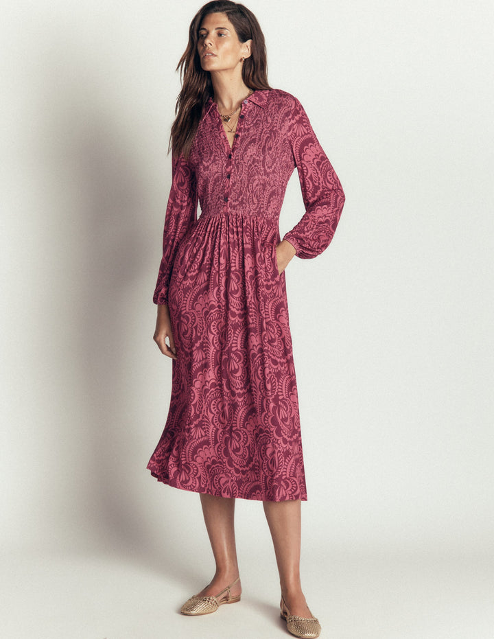 Camilla Gesmoktes Jerseykleid-Kastanienbraun, Blühendes Medley