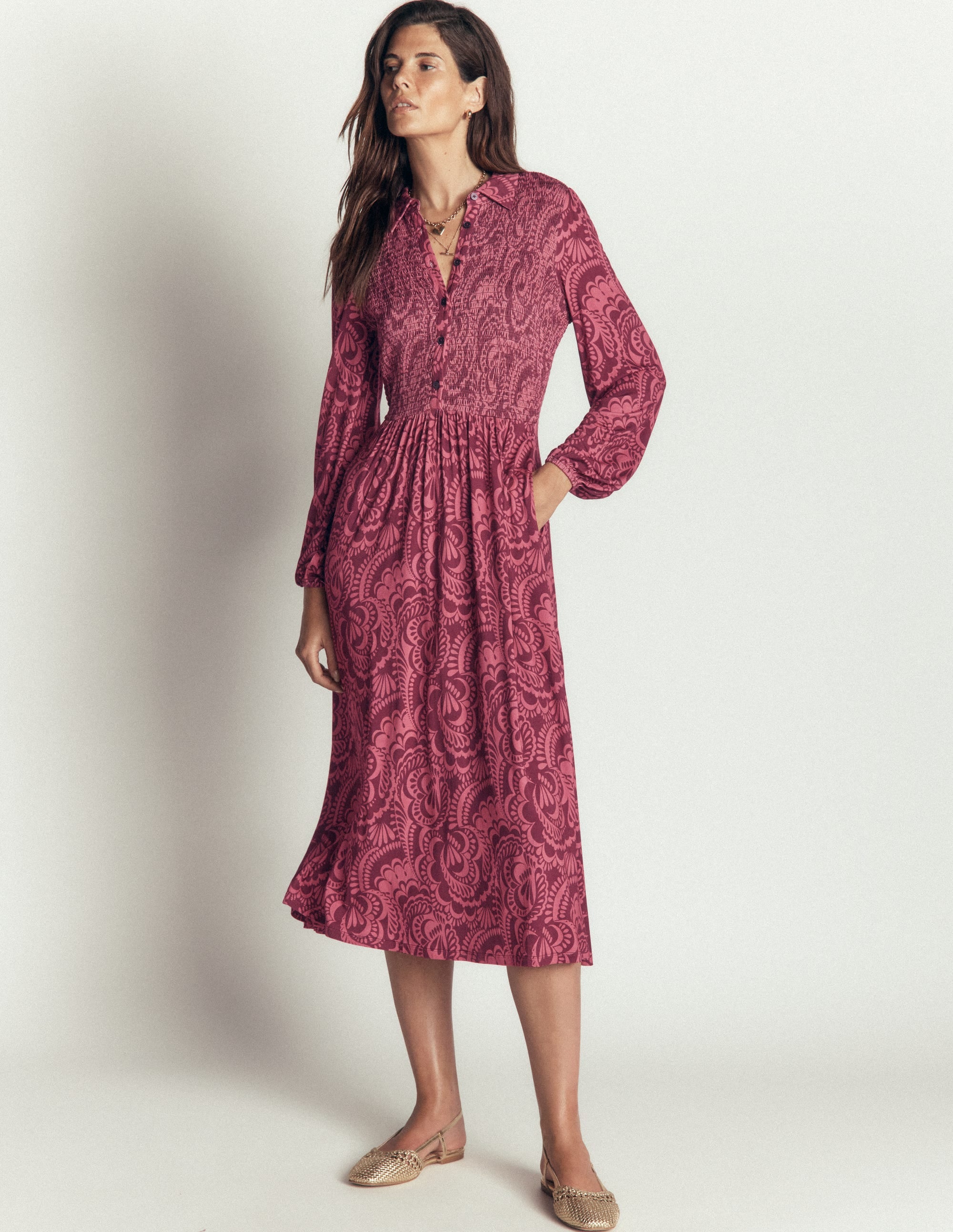 Camilla Gesmoktes Jerseykleid-Kastanienbraun, Blühendes Medley - Image 1