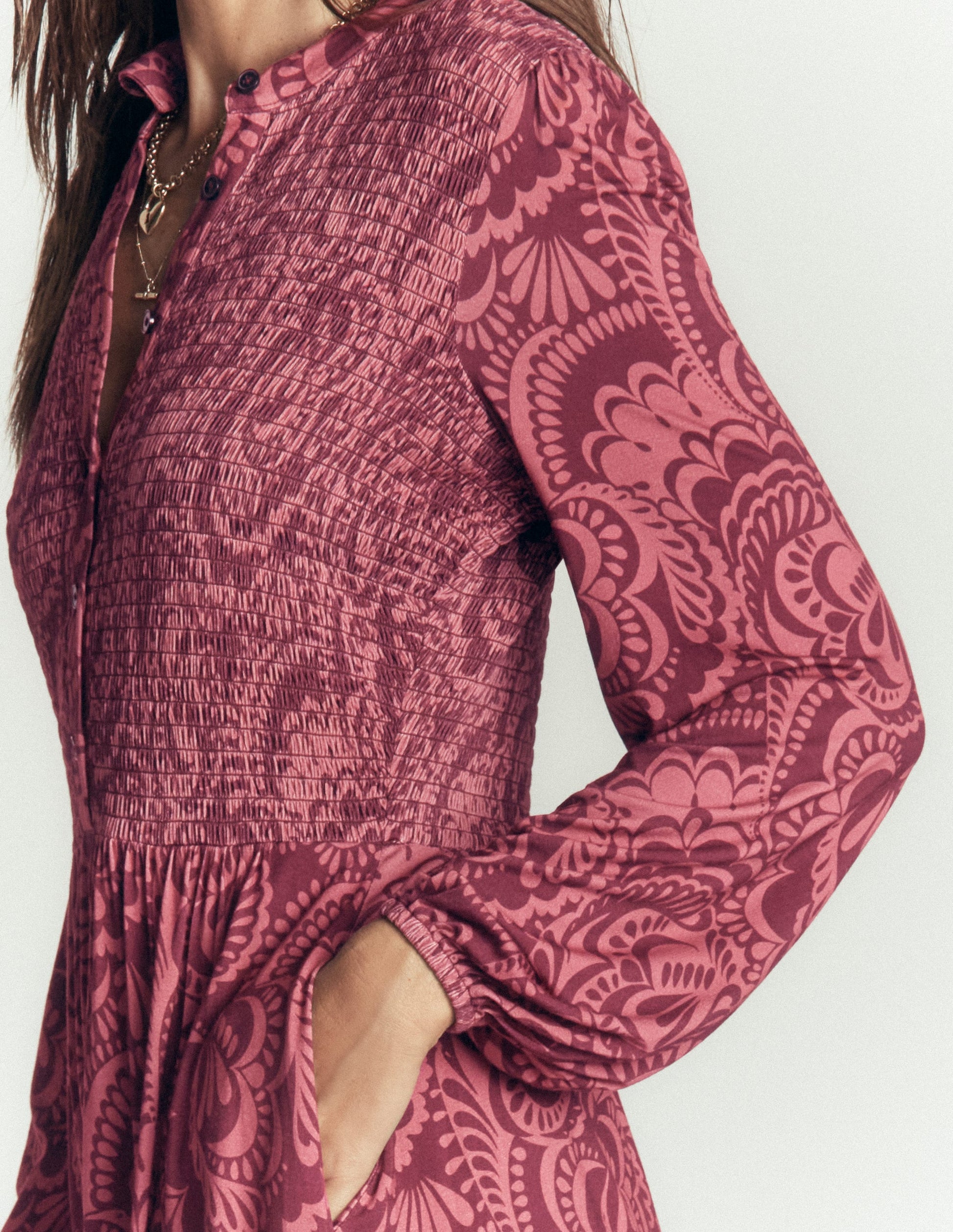 Gesmoktes Jerseykleid-Kastanienbraun, Blühendes Medley-2