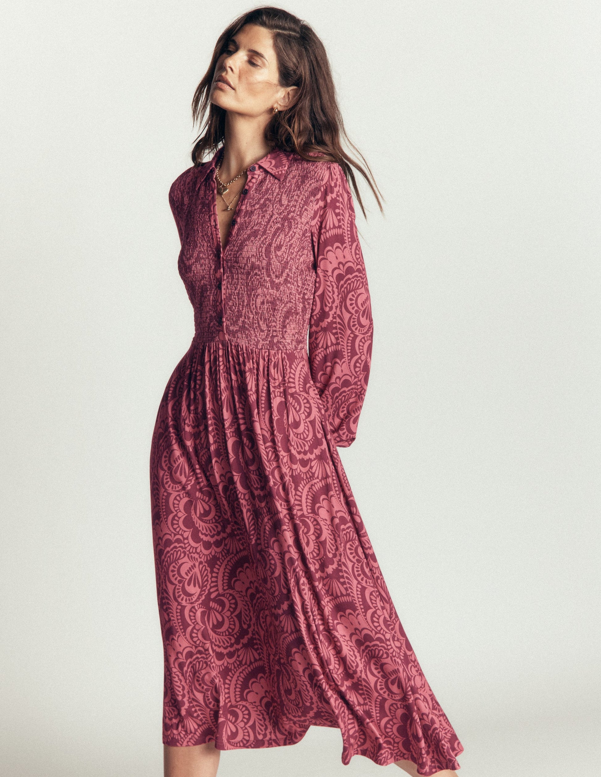 Gesmoktes Jerseykleid-Kastanienbraun, Blühendes Medley-4