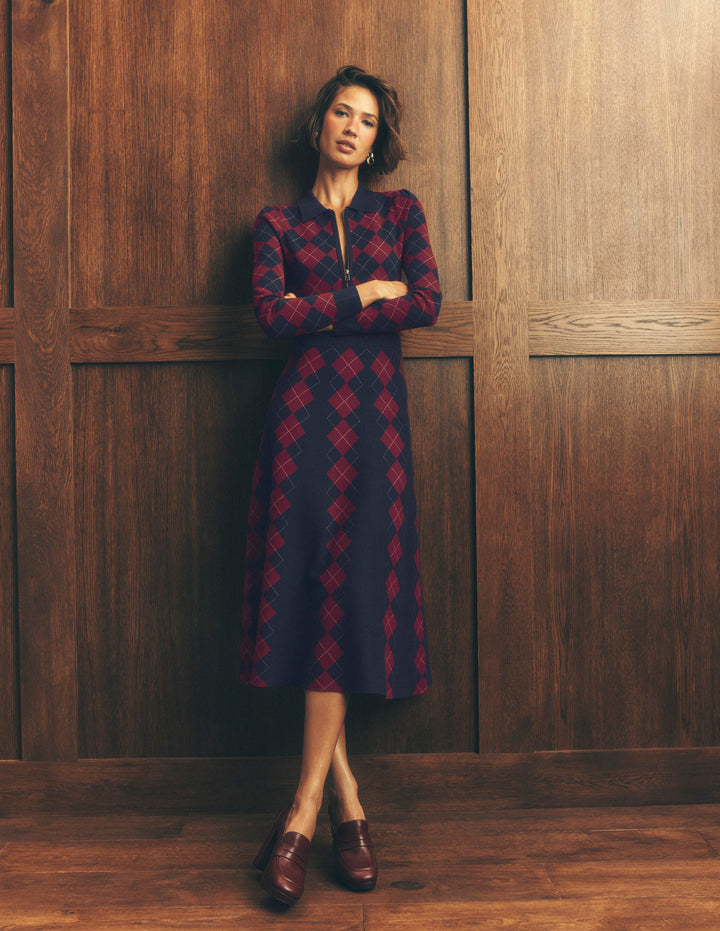 Fiona Zip Front Knitted Dress-Navy and Maroon Argyle
