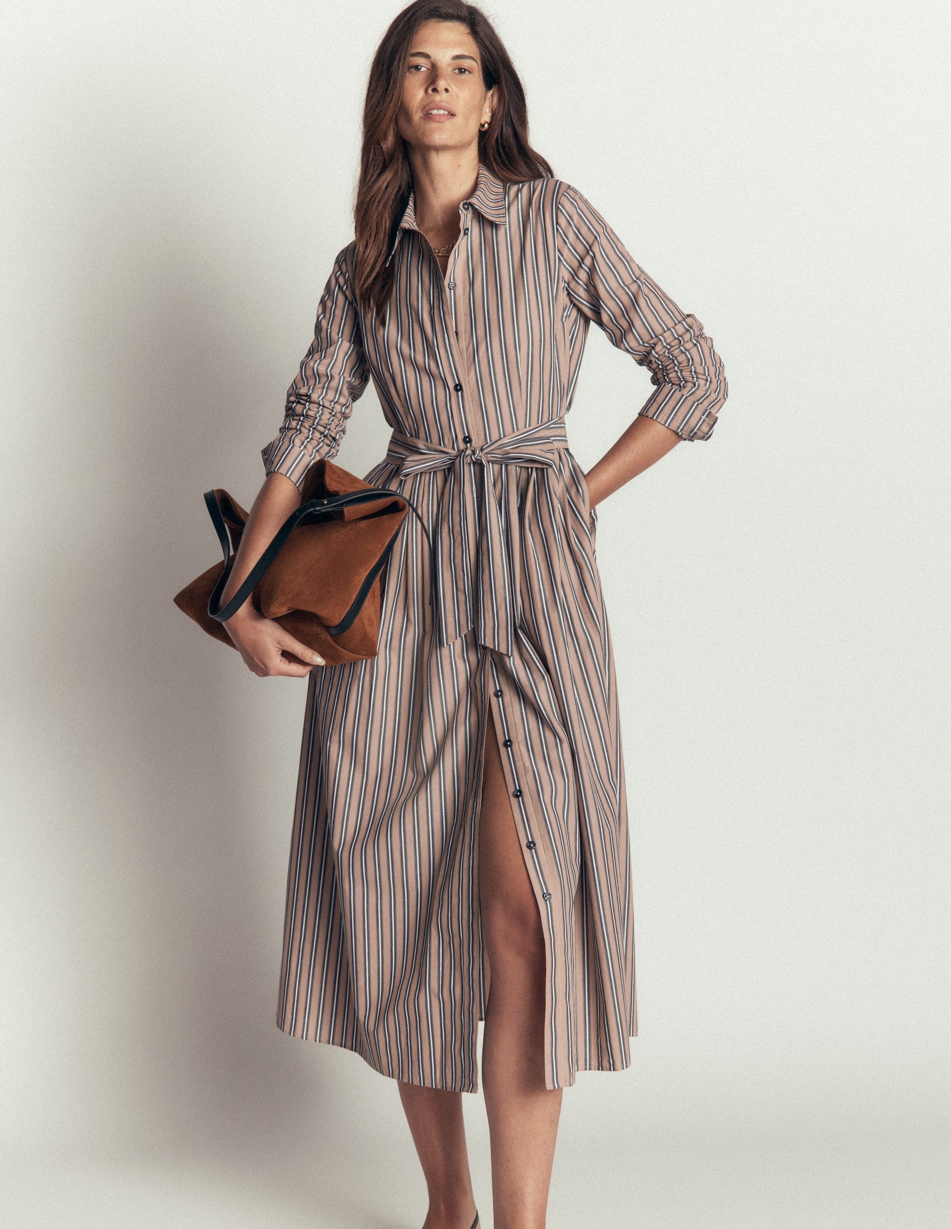 Robe-chemise midi Alexa en coton-Rayé tramway camel, bleu marine-1