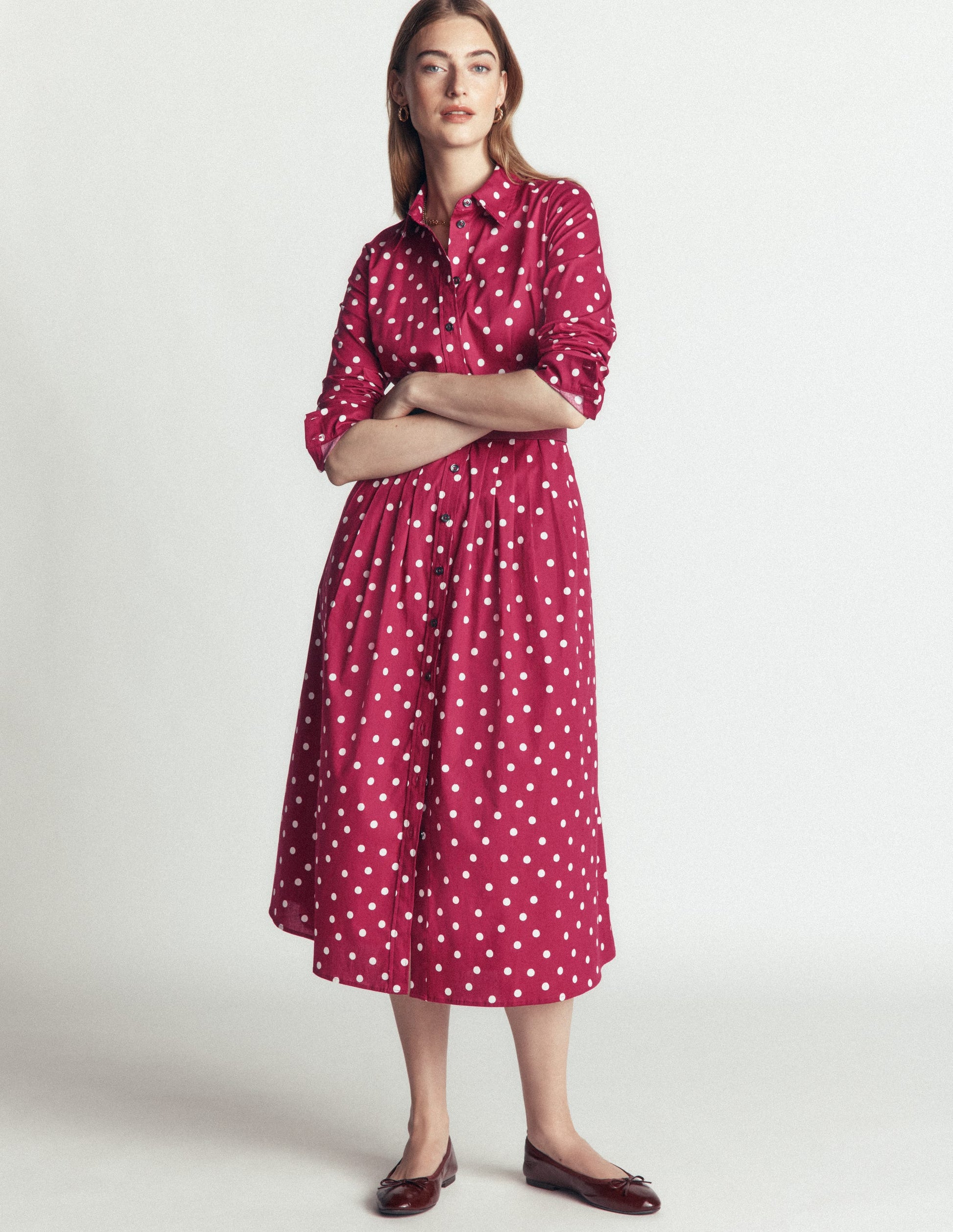 Alexa Midi-Hemdblusenkleid aus Baumwolle-Rubinrot, Boden-Punkte-6