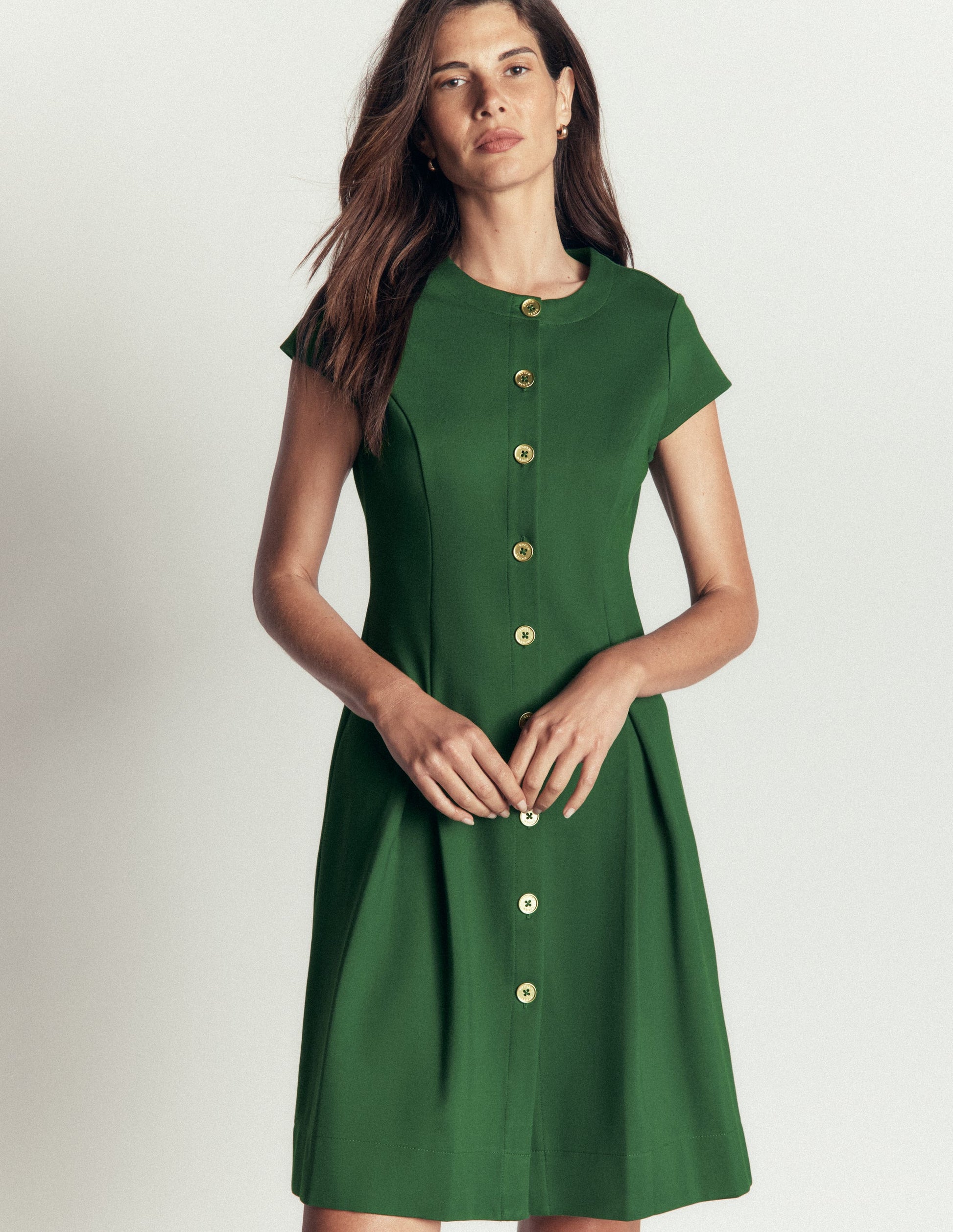 Robe courte plissée à boutons-Vert chasseur-1
