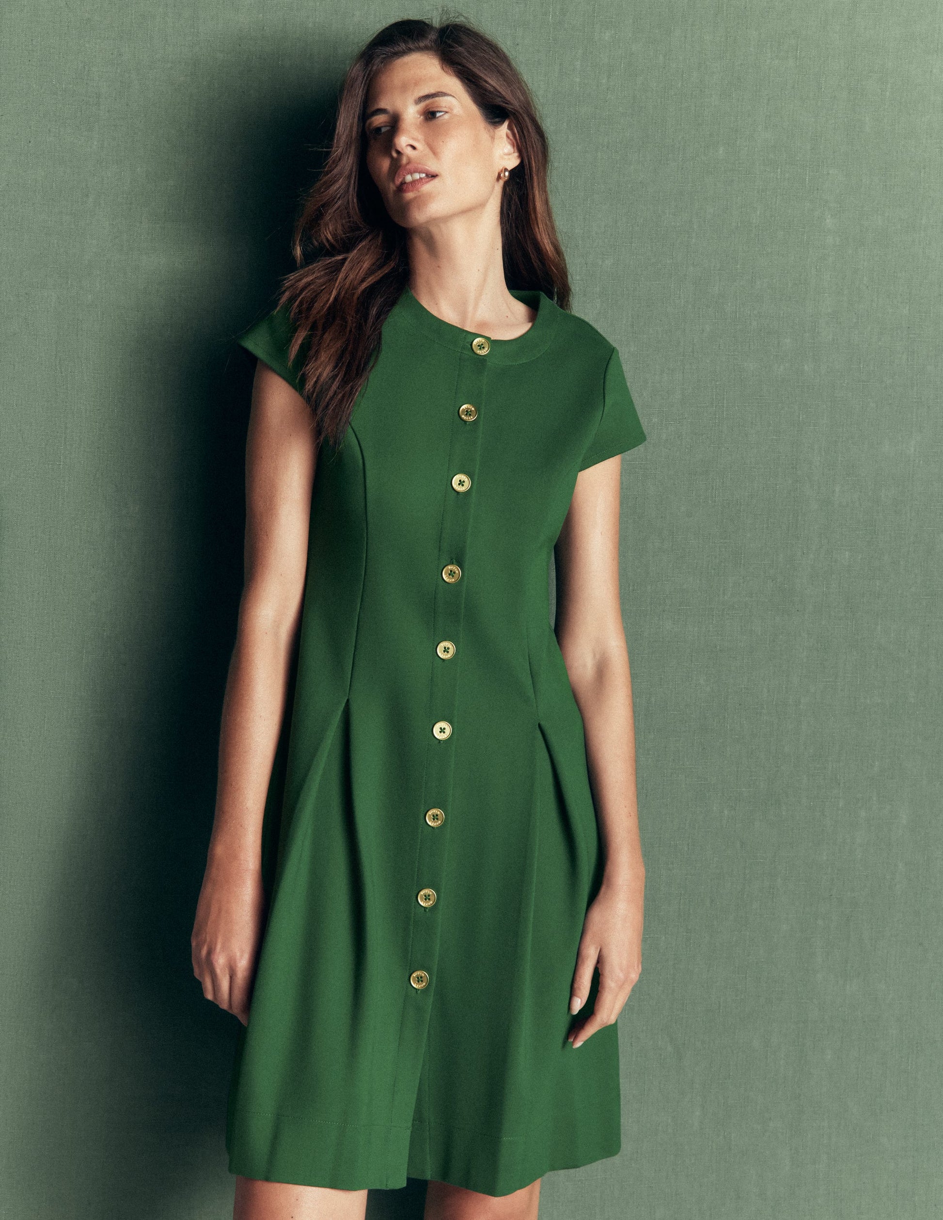 Robe courte plissée à boutons-Vert chasseur-2