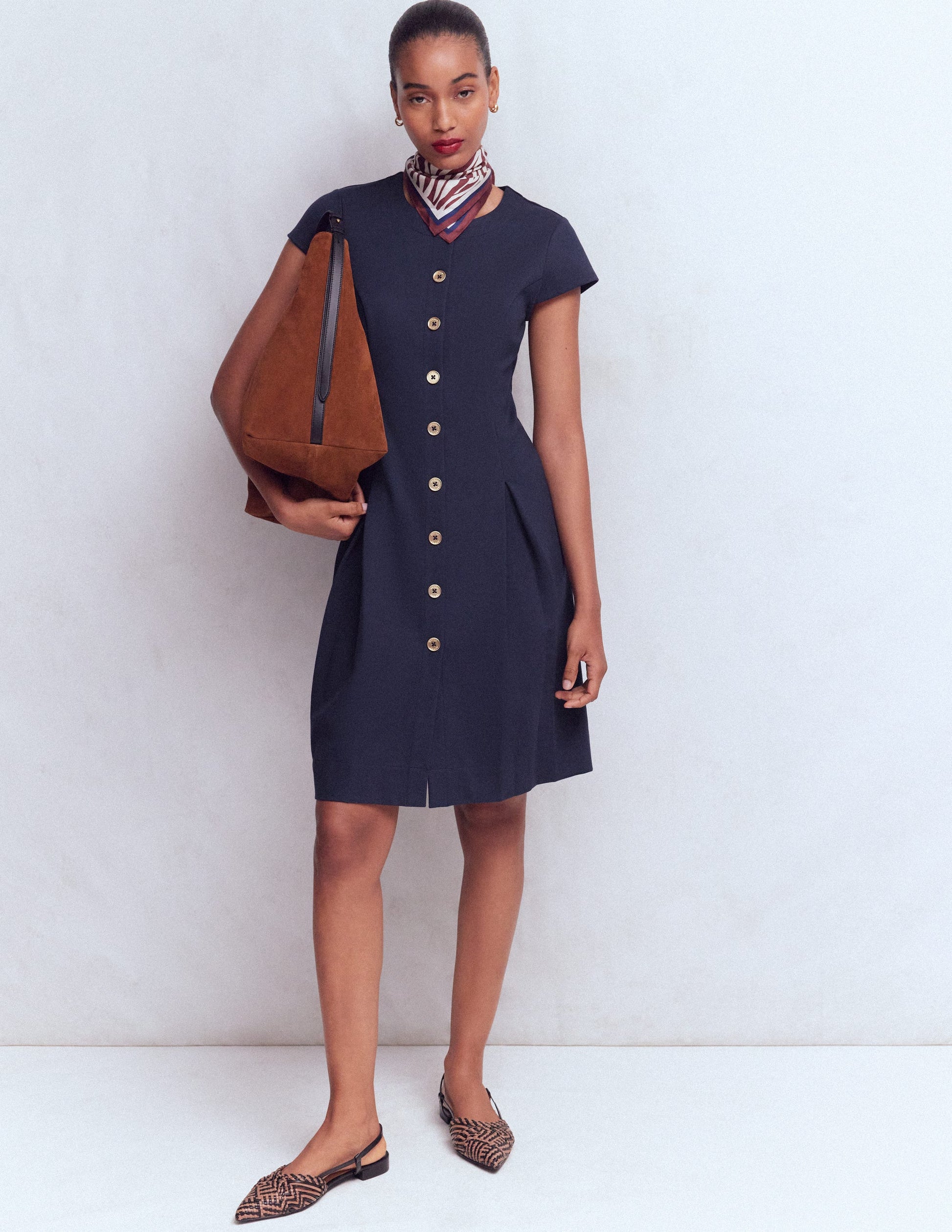 Robe courte plissée à boutons-Bleu marine-1