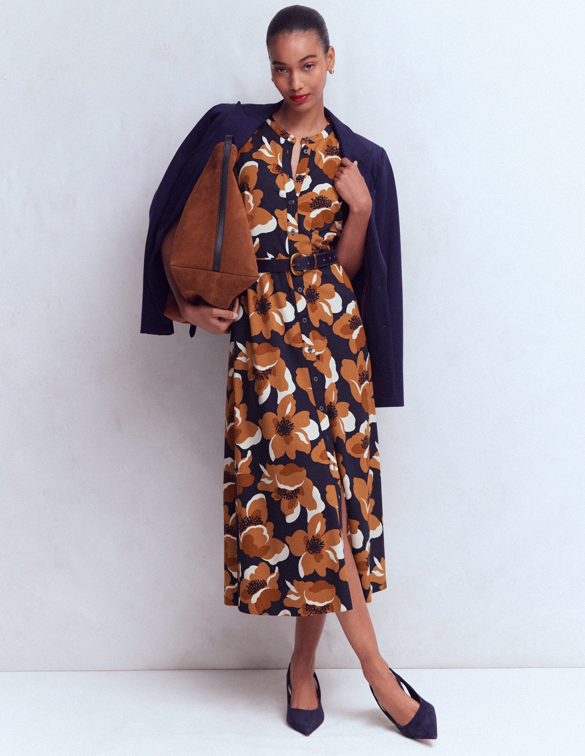 Ponte-Hemdblusenkleid mit Puffärmeln-Französisches Marineblau, Blumengarten-4