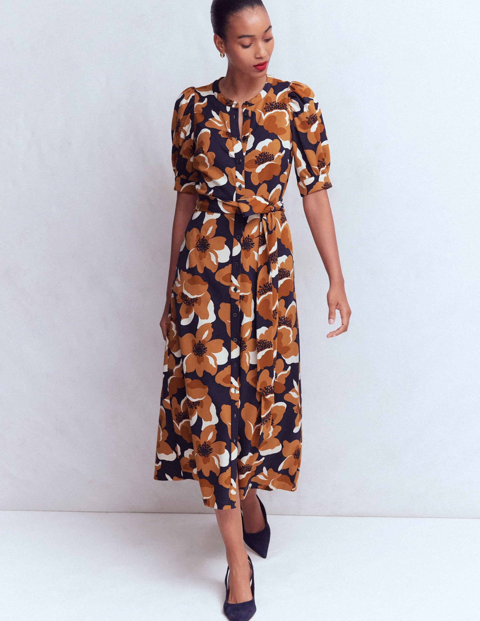 Ponte-Hemdblusenkleid mit Puffärmeln-Französisches Marineblau, Blumengarten-5