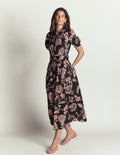 Robe midi en coton à ceinture-Noir, motif Planted Meadows