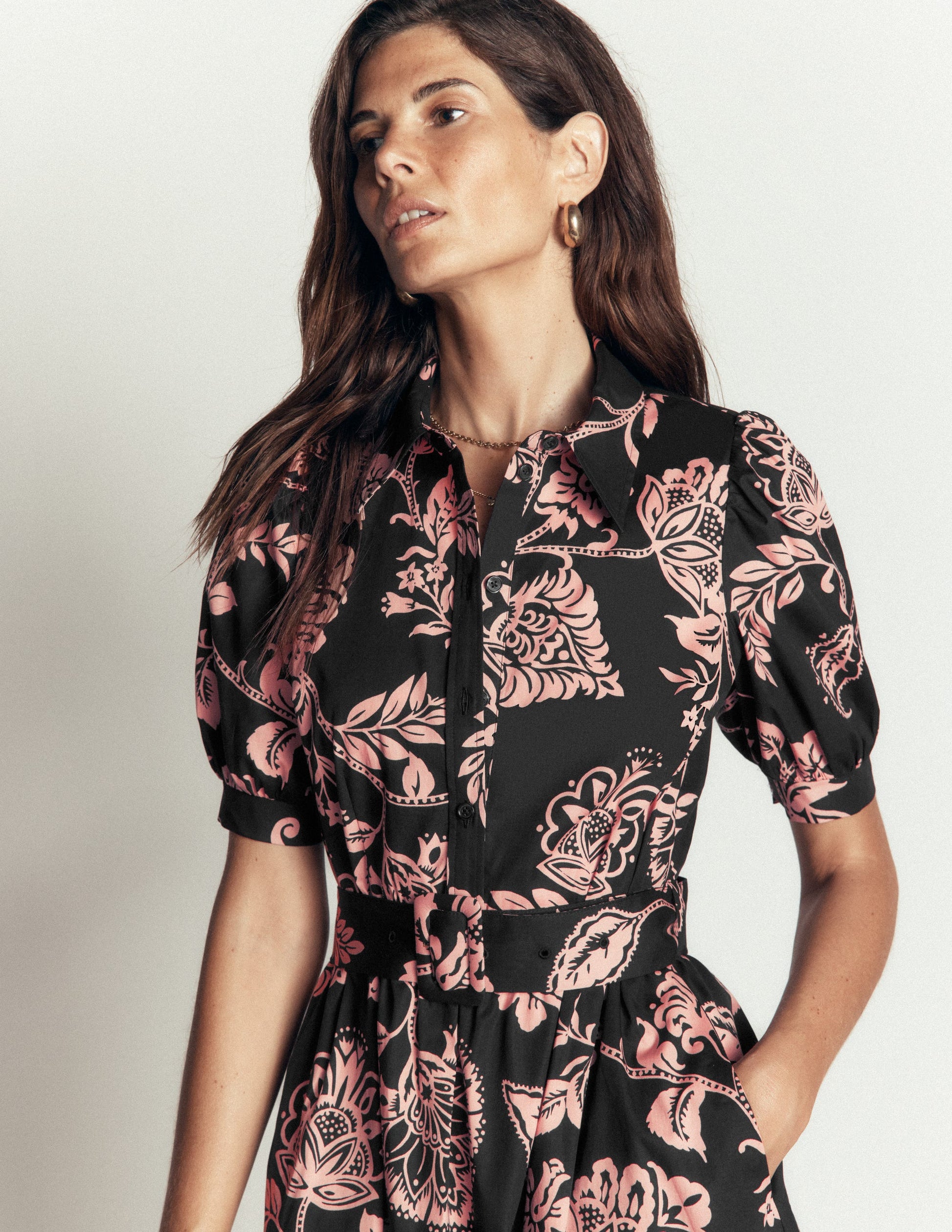 Robe midi en coton à ceinture-Noir, motif Planted Meadows-2