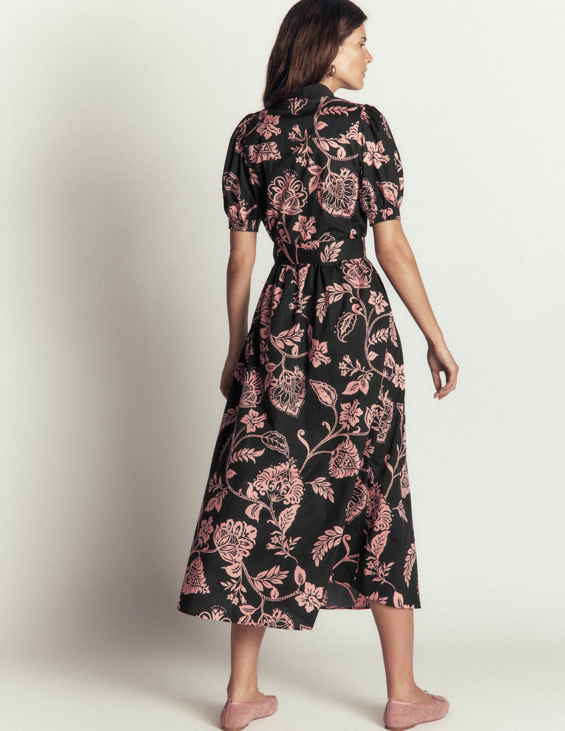 Robe midi en coton à ceinture-Noir, motif Planted Meadows-3