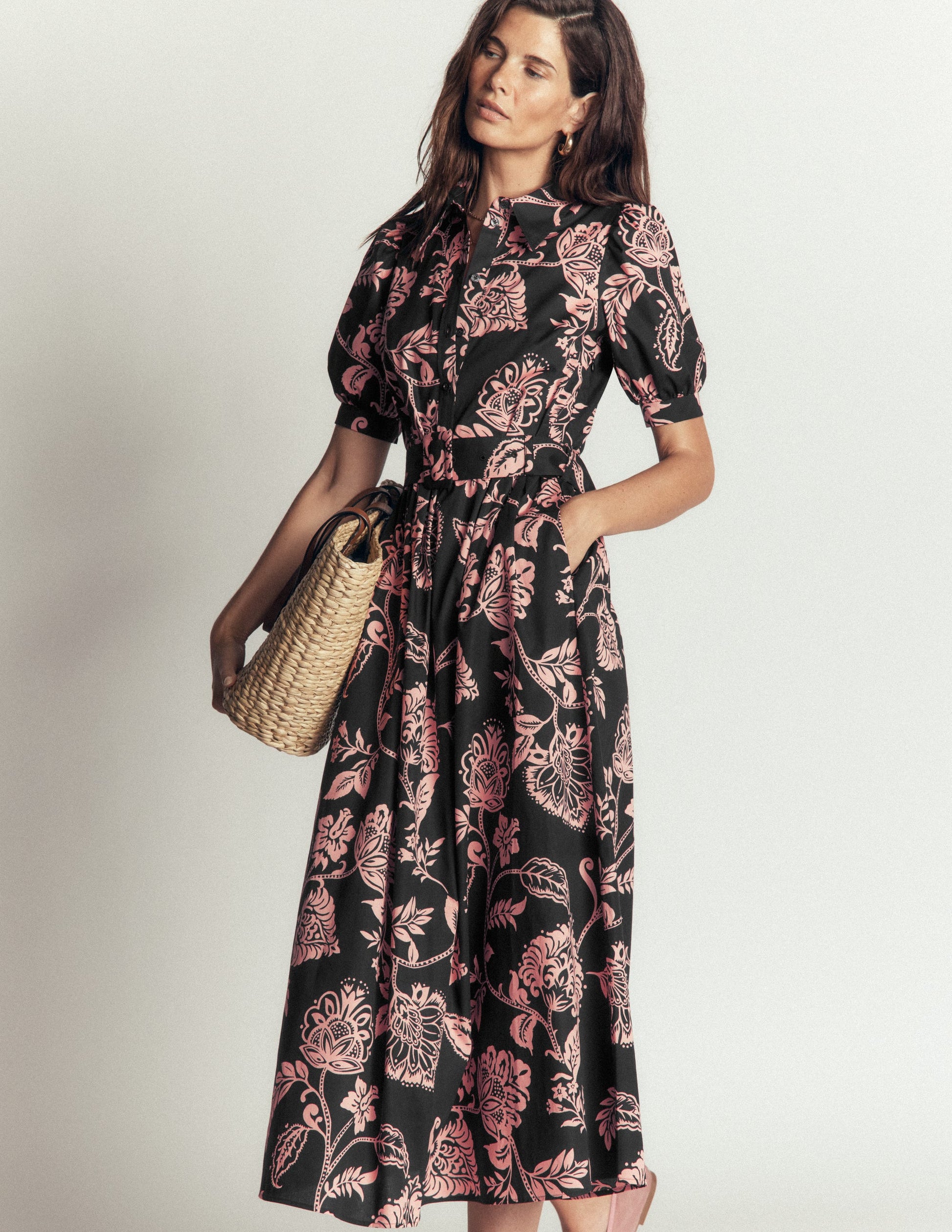Robe midi en coton à ceinture-Noir, motif Planted Meadows-4