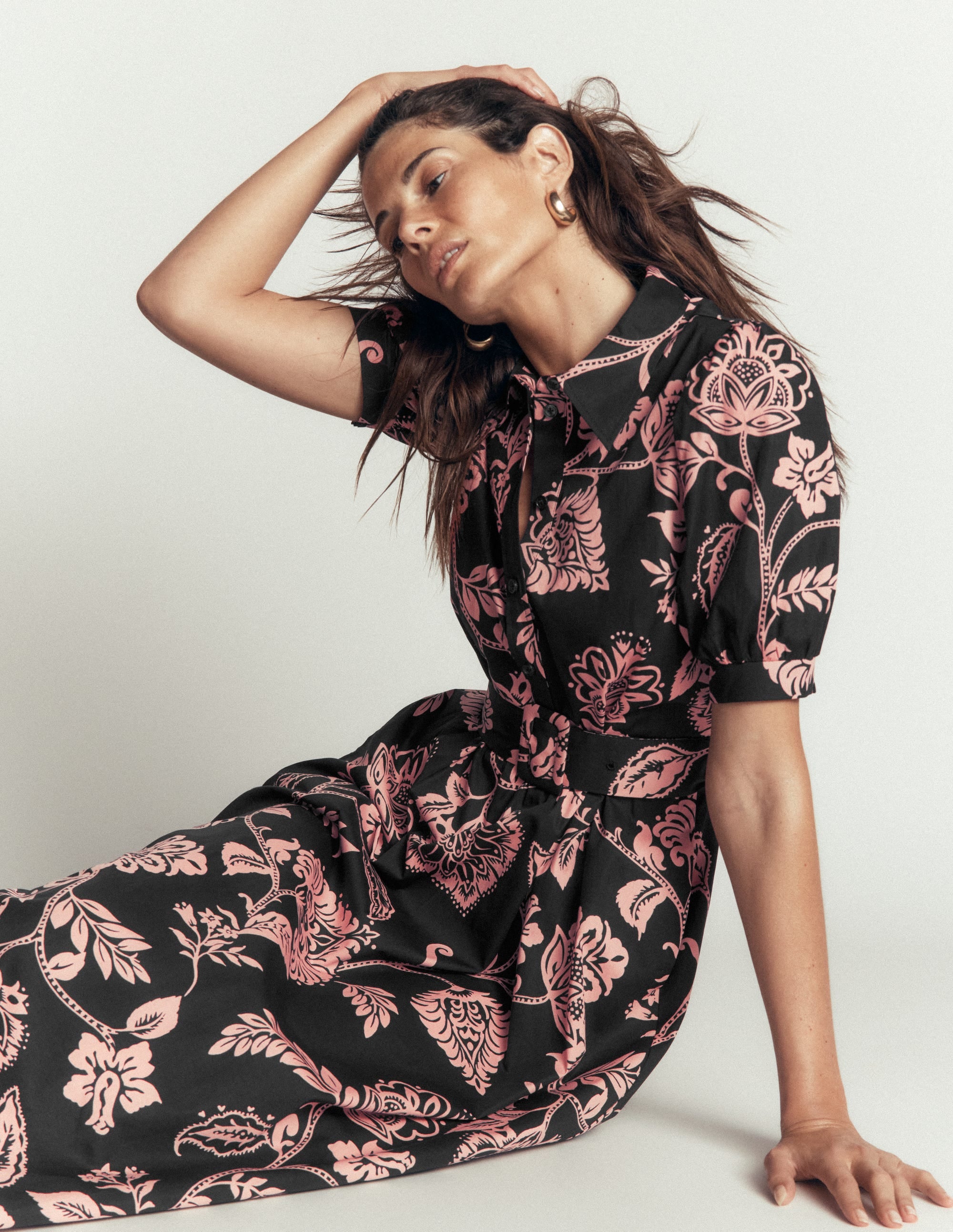 Robe midi en coton à ceinture-Noir, motif Planted Meadows - Image 5