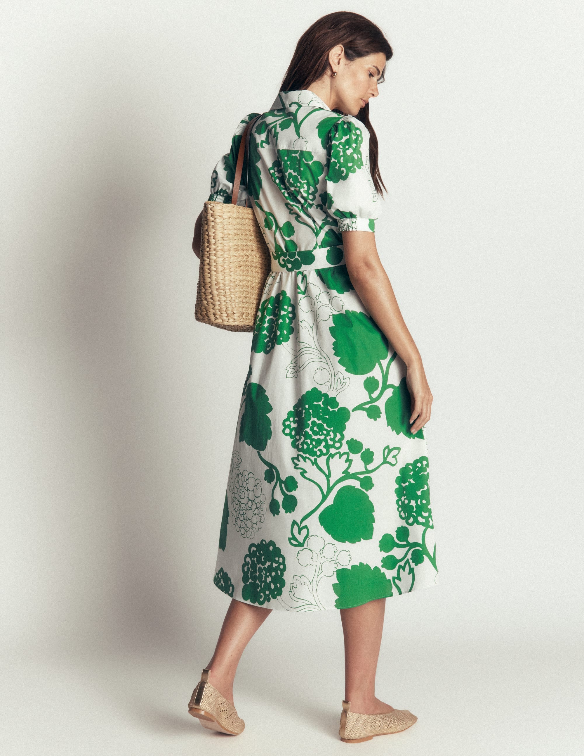 Belted Cotton Midi Dress-Ivory, Hydrangea Frenzy - Image 3