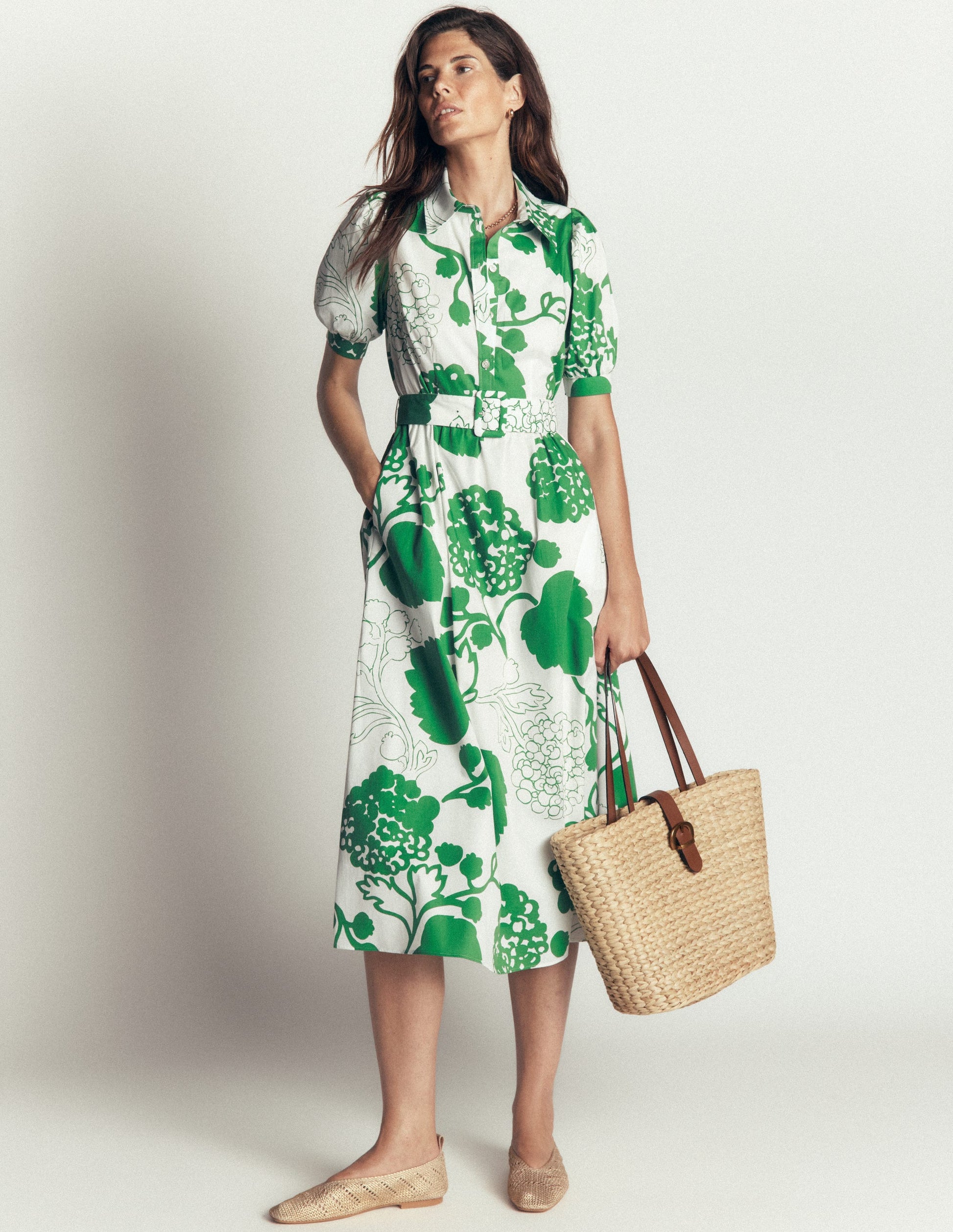Belted Cotton Midi Dress-Ivory, Hydrangea Frenzy-4