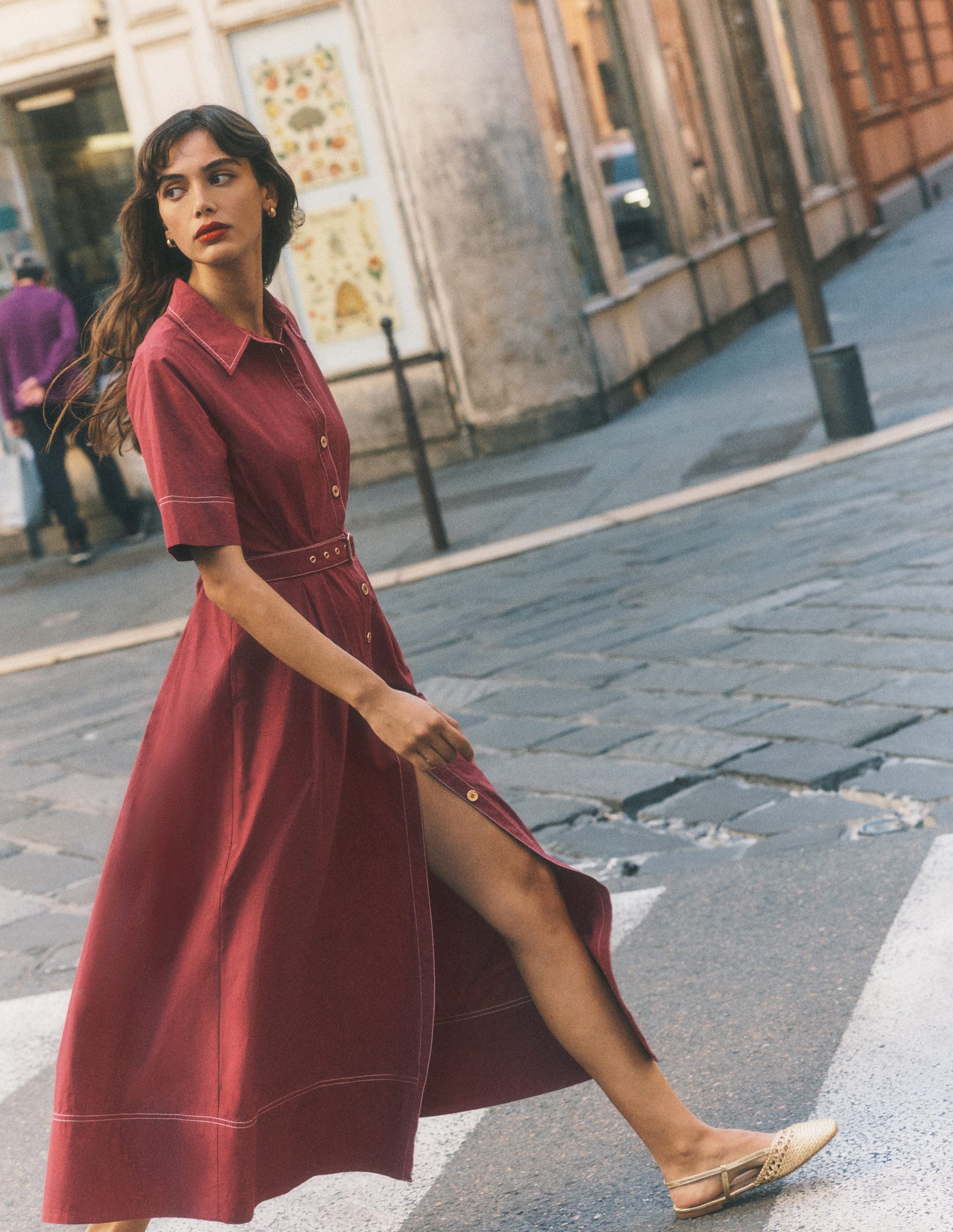 Robe-chemise midi Sarah en coton-Châtaigne profonde-5
