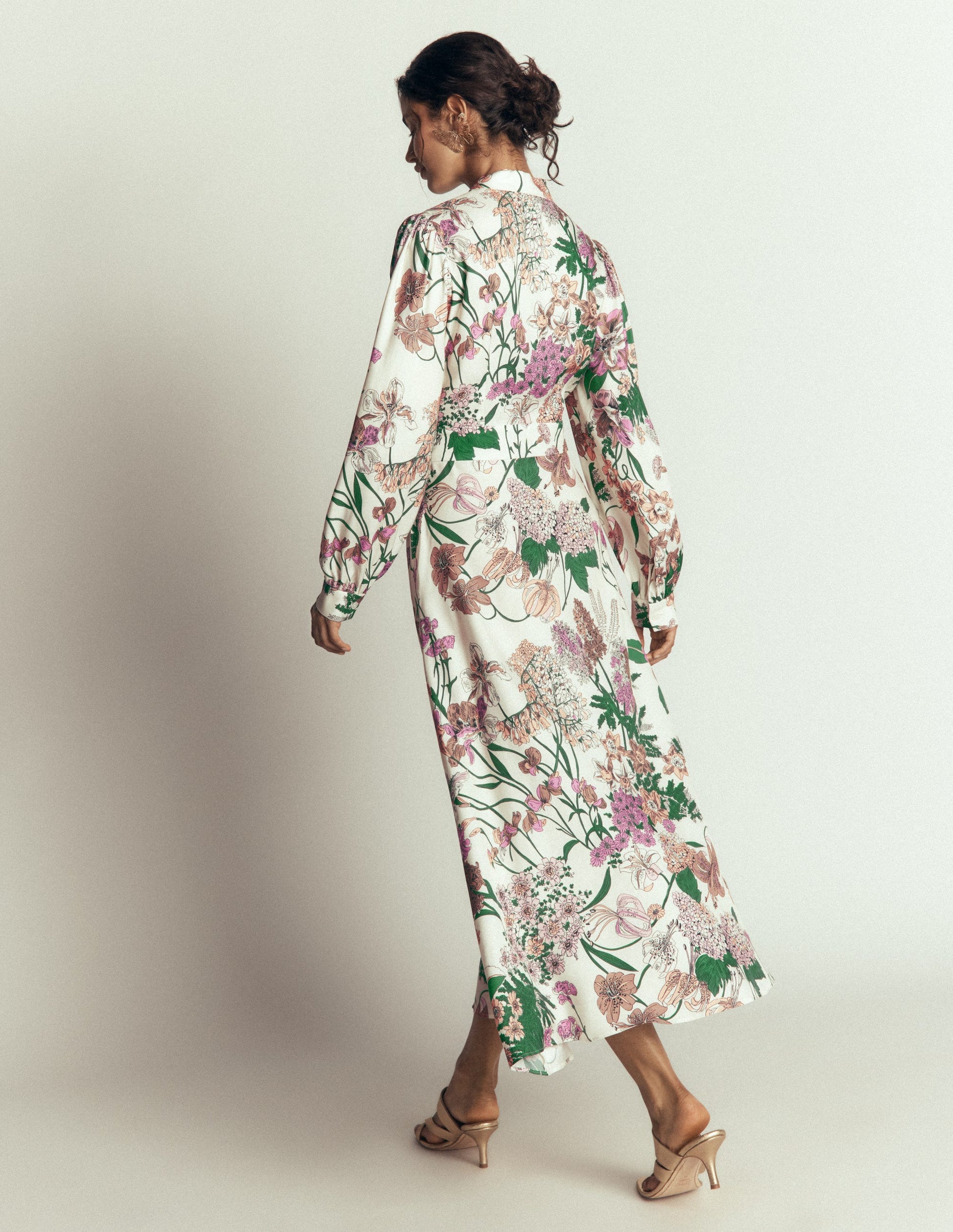 Hemdblusenkleid mit Schleifendetail-Naturweiß, Originelles Blumenmuster-3