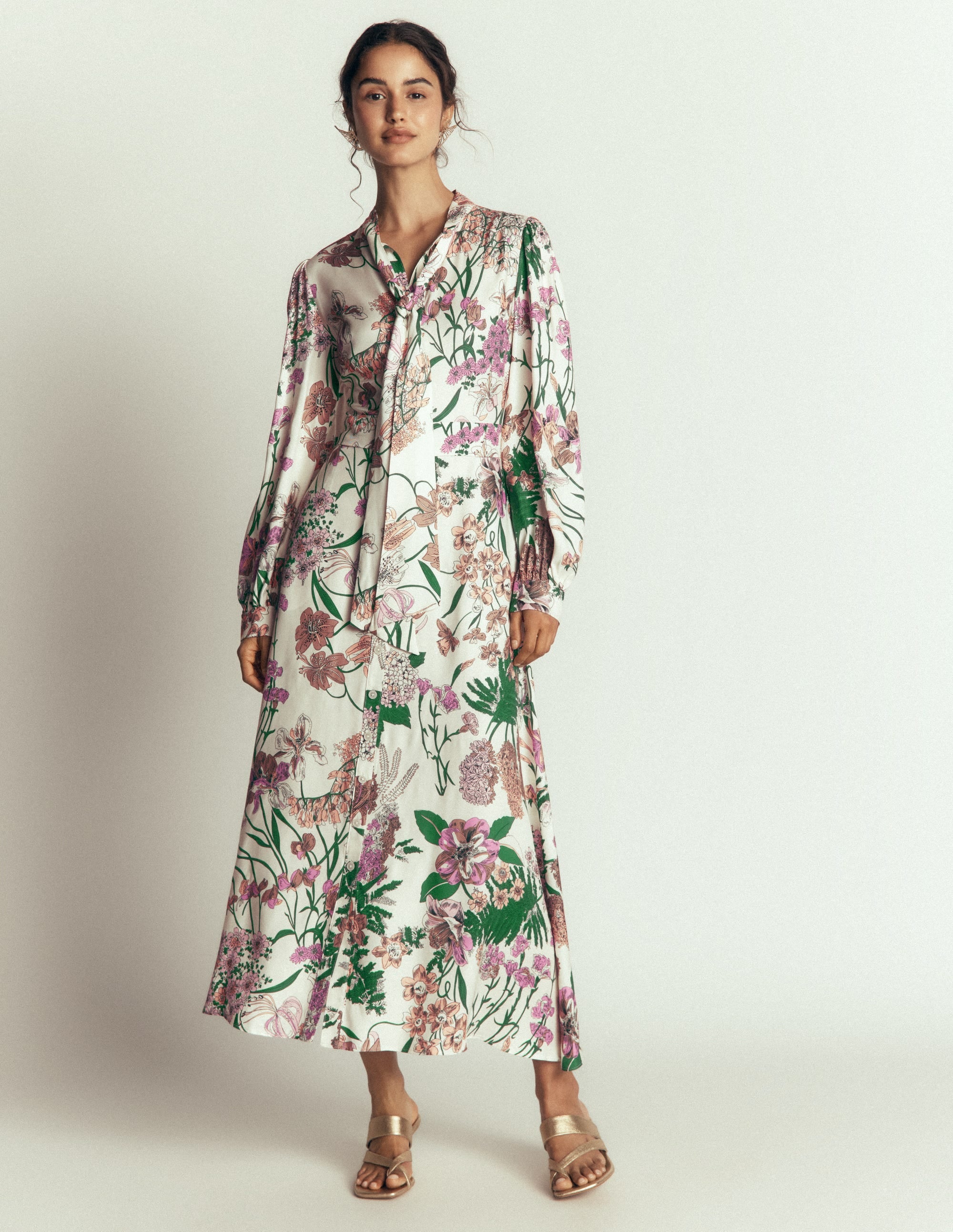 Hemdblusenkleid mit Schleifendetail-Naturweiß, Originelles Blumenmuster - Image 5
