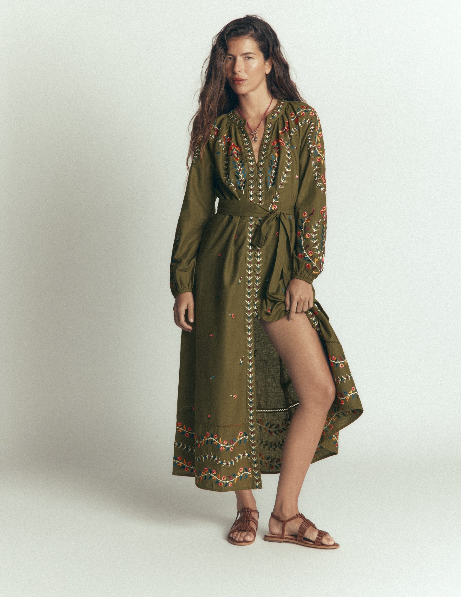 Robe brodée en lin-Vert des bois, broderie-5