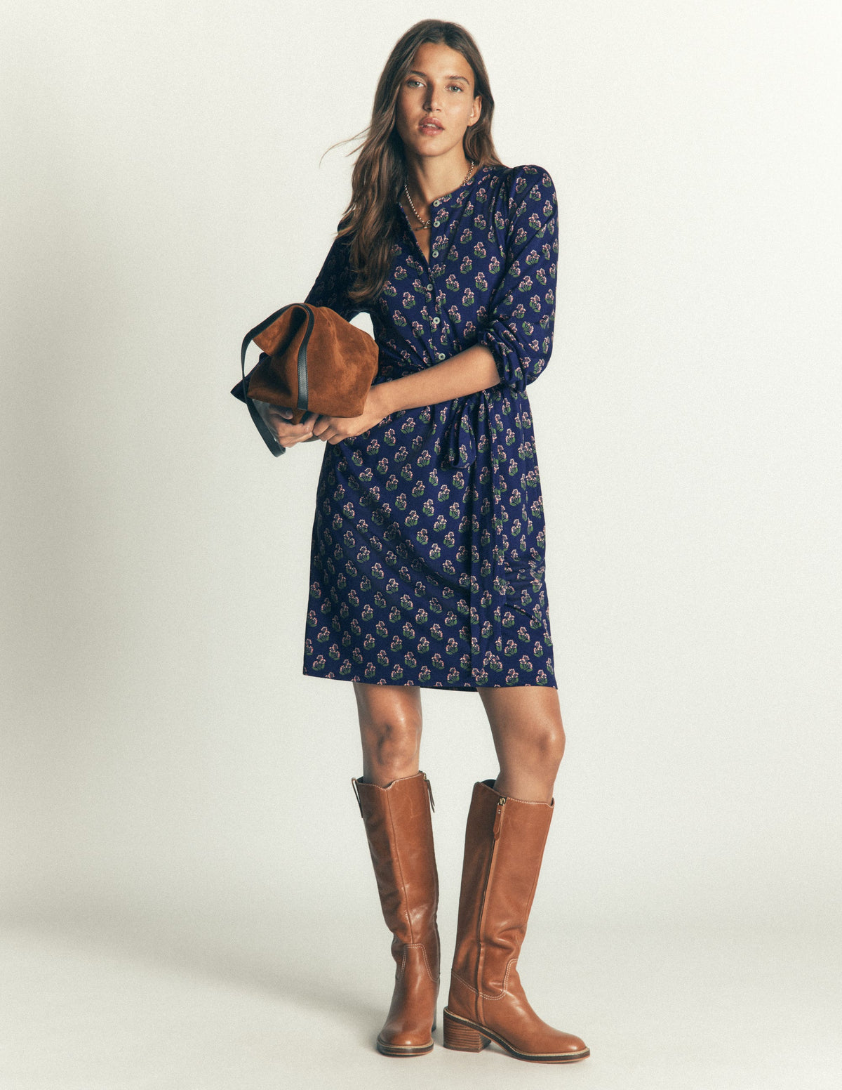 Adele Jerseykleid mit Gürtel-Schuluniform-Marineblau, Kleines Nelkenmuster-5