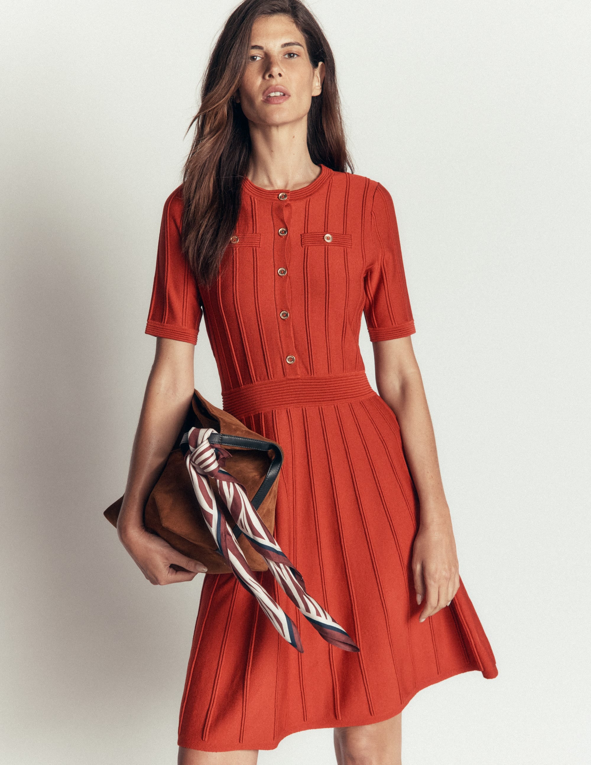 Robe boutonnée sur le devant à surpiqûres-Orange brûlé - Image 1