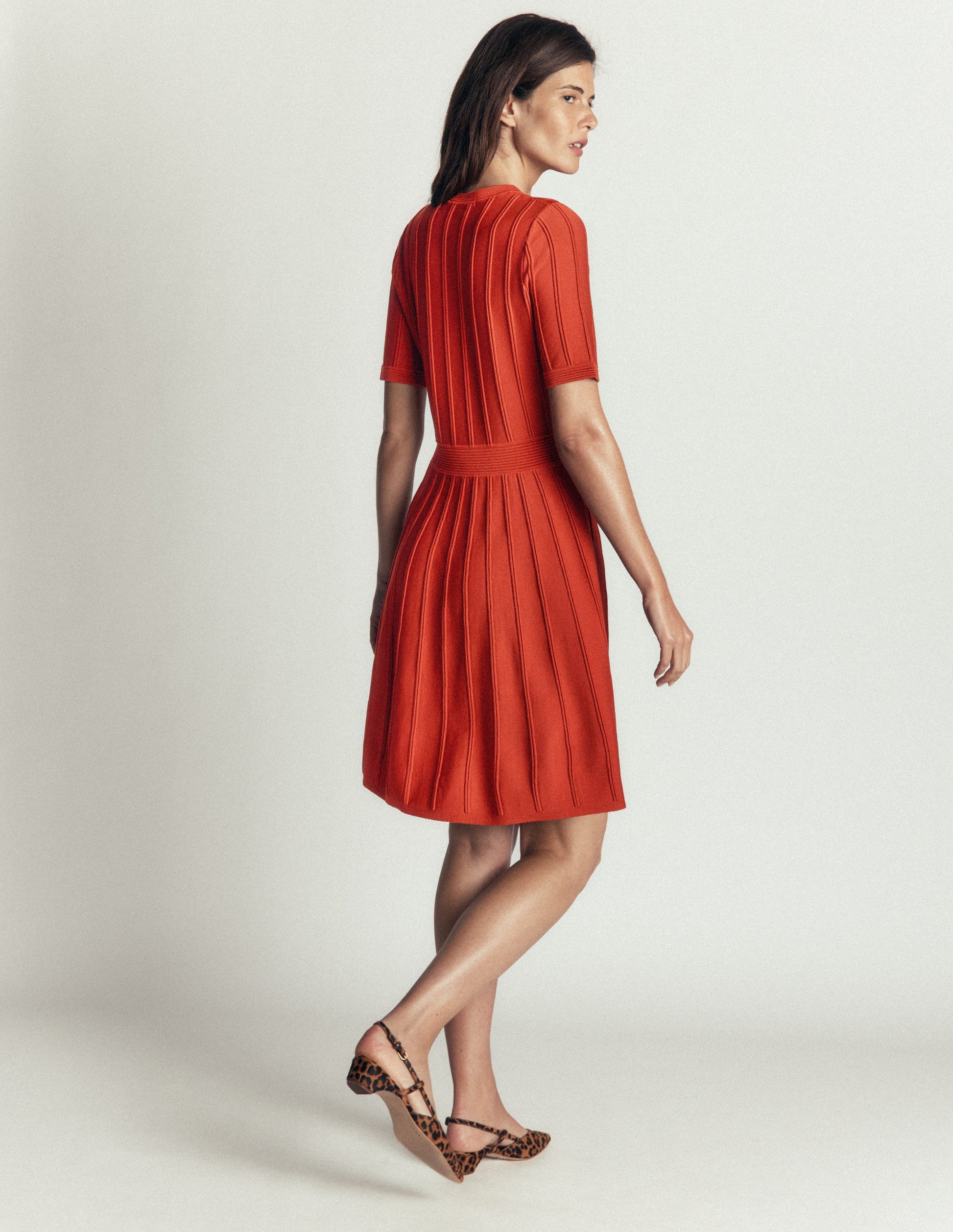 Robe boutonnée sur le devant à surpiqûres-Orange brûlé-3