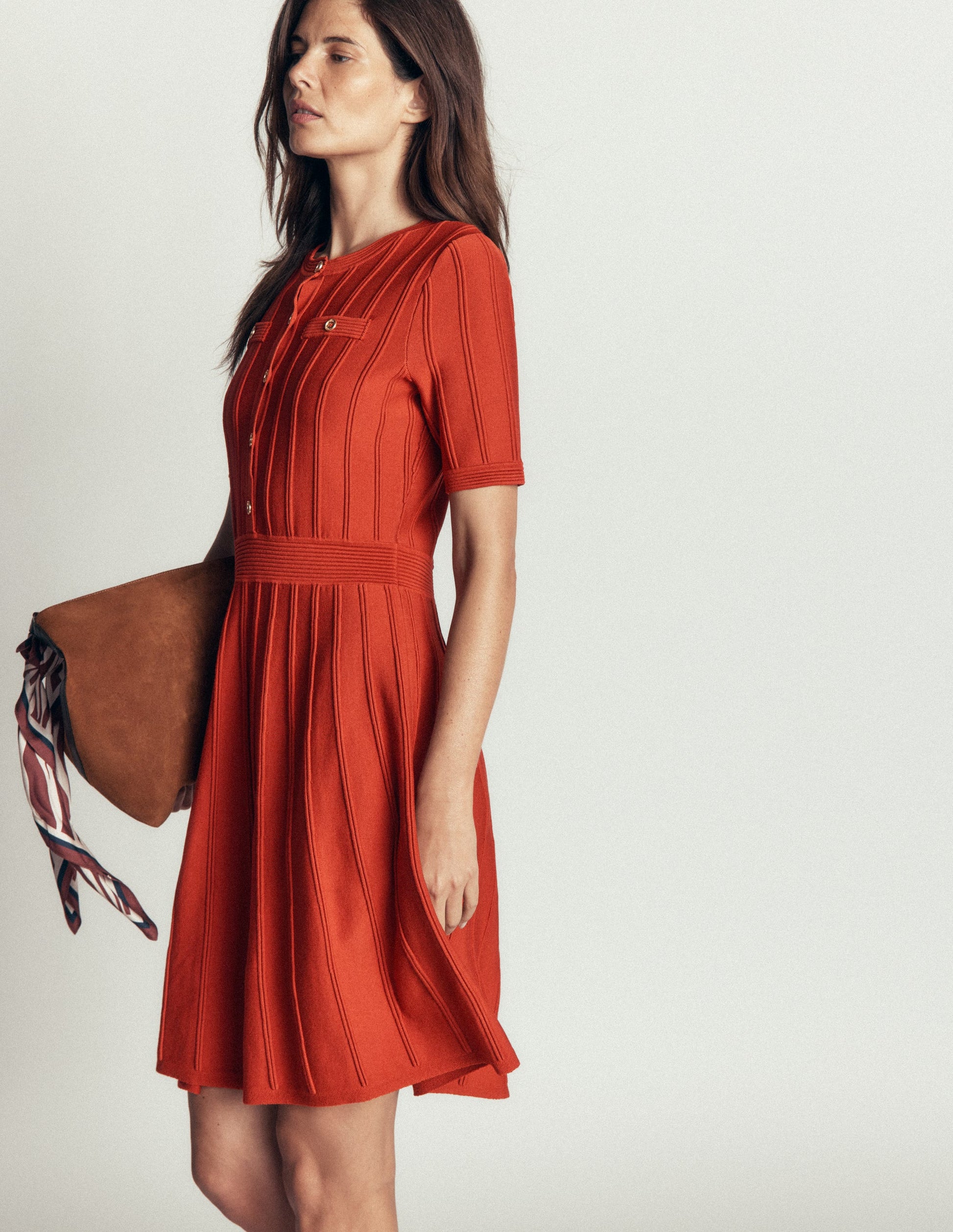 Robe boutonnée sur le devant à surpiqûres-Orange brûlé-4