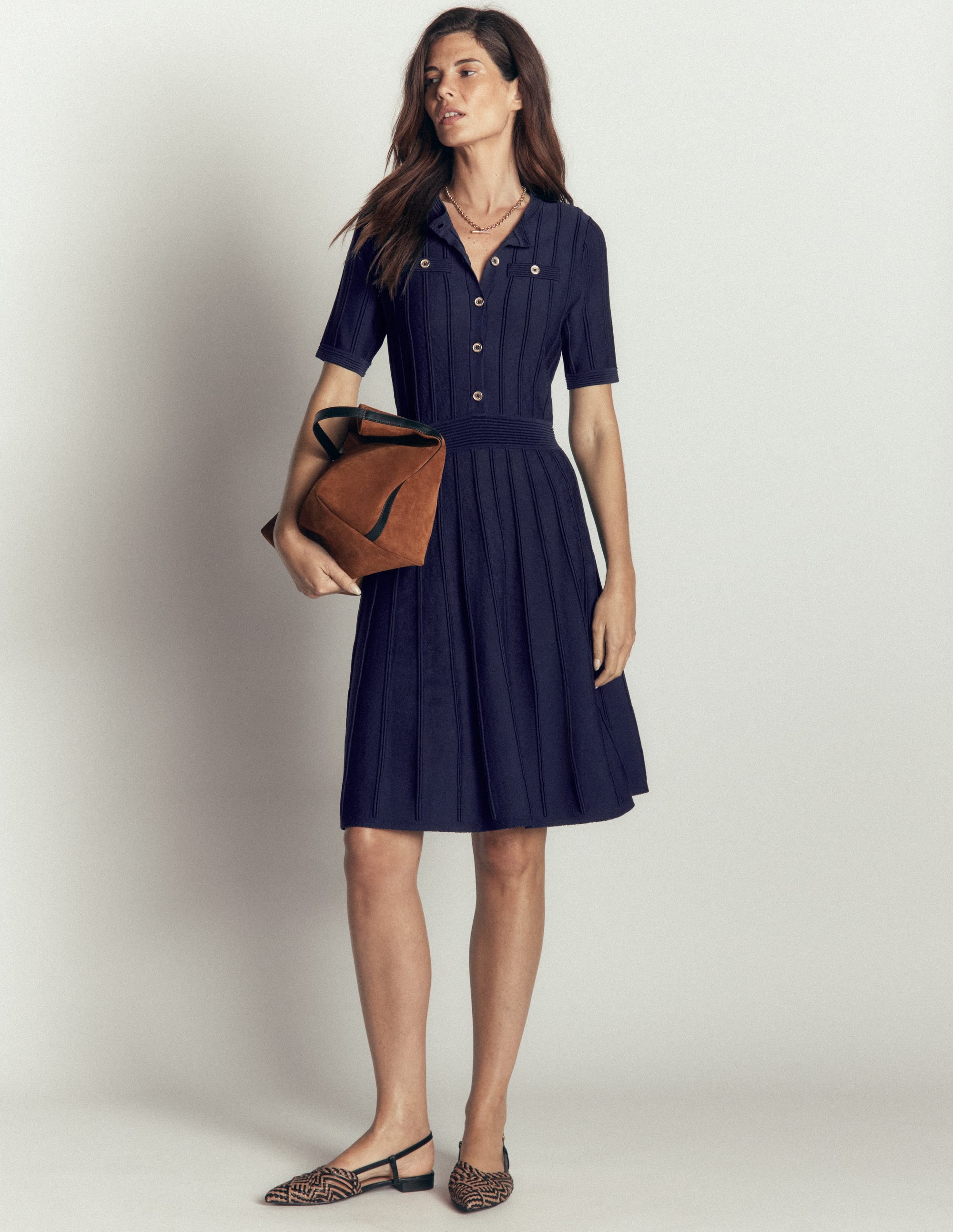 Button Front Stitch Dress-Navy - Image 1