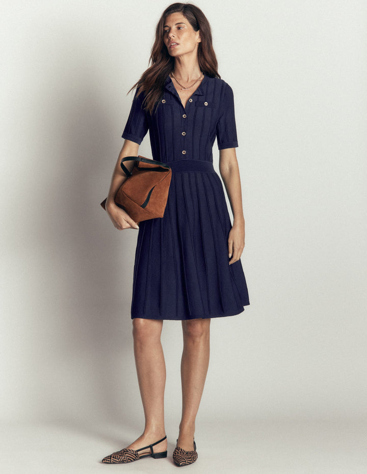 Kleid mit Knopfleiste vorn und Ziernaht-Marineblau