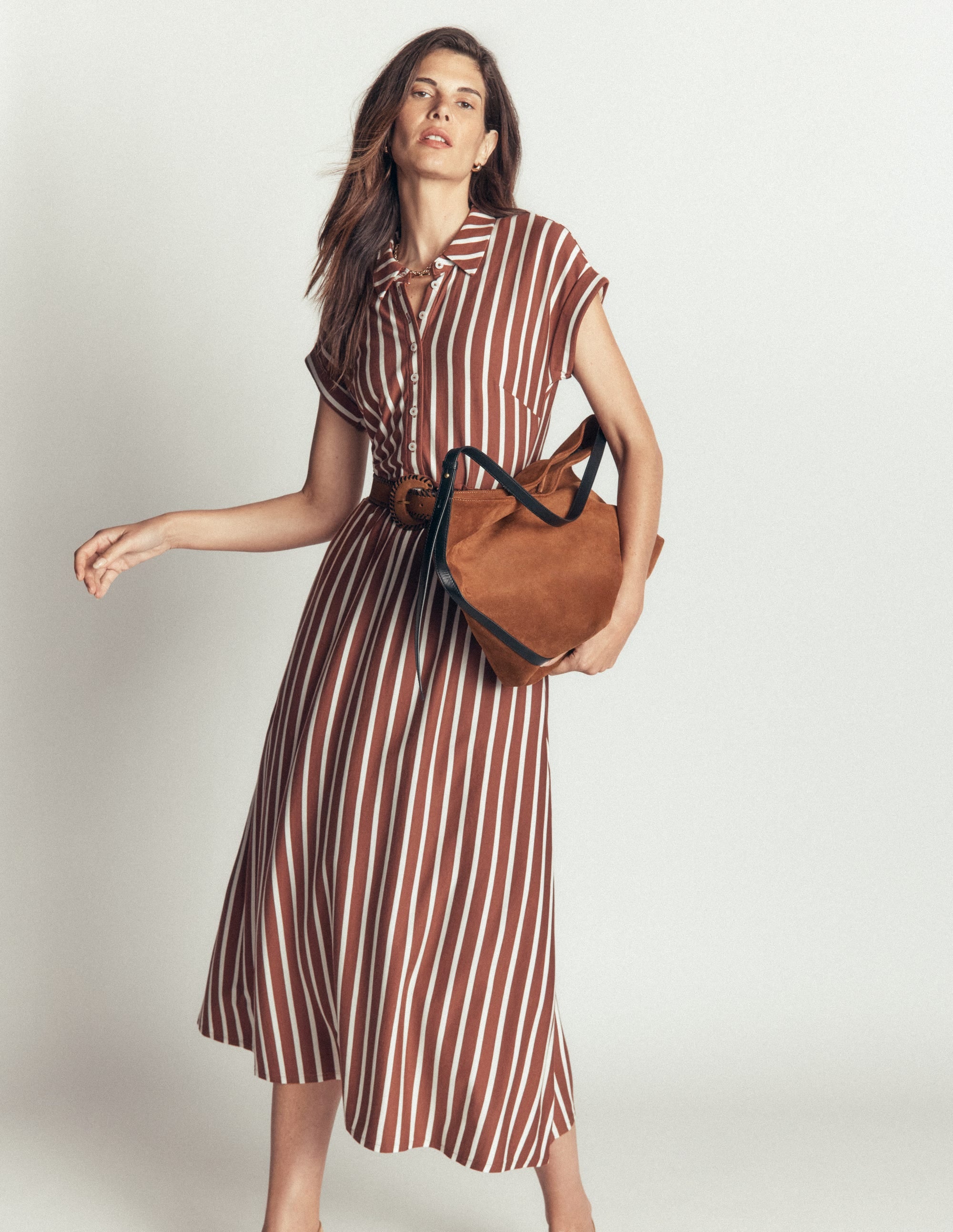 Fae Jersey-Hemdblusenkleid-Braun Streifen - Image 2