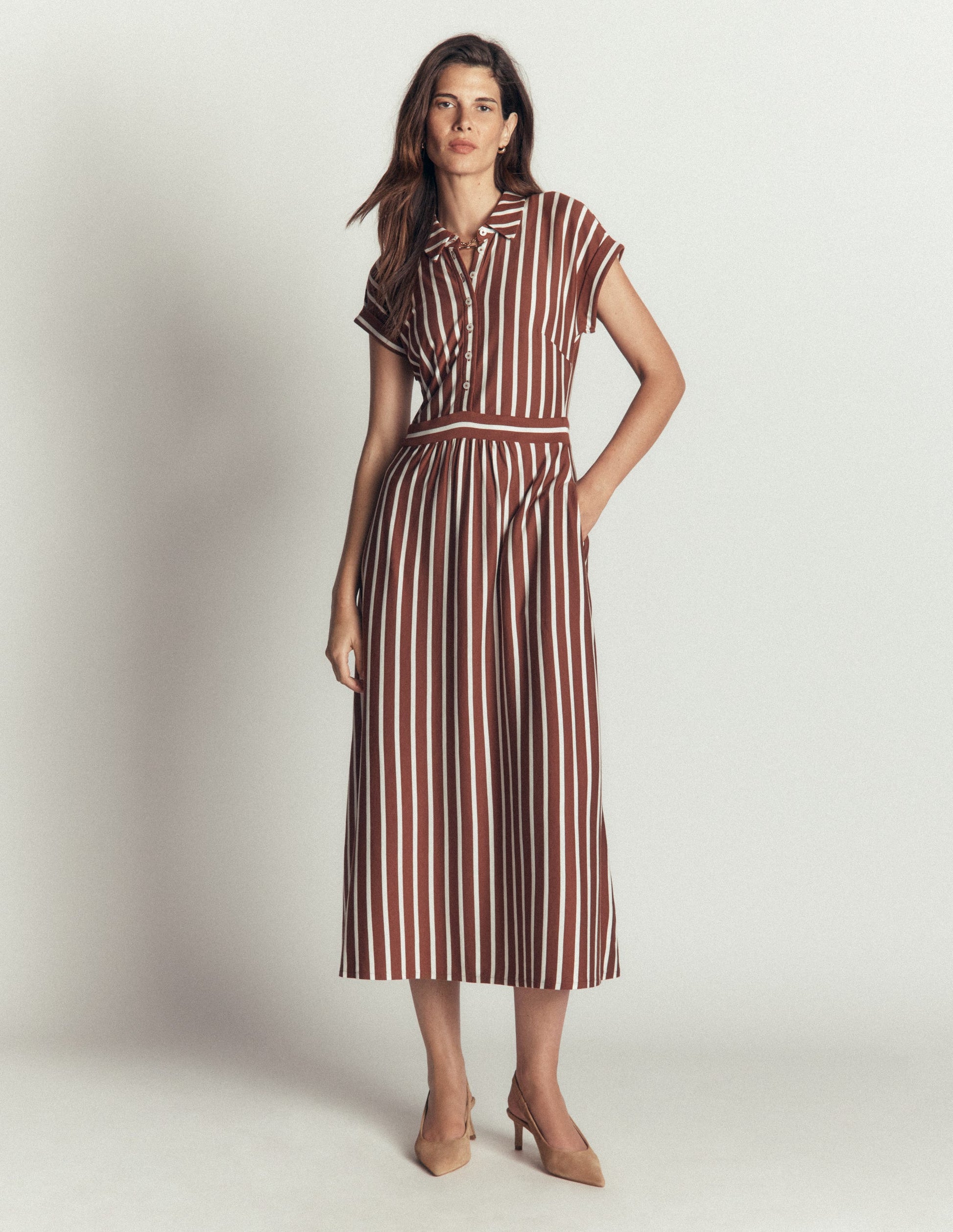 Fae Jersey-Hemdblusenkleid-Braun Streifen-4
