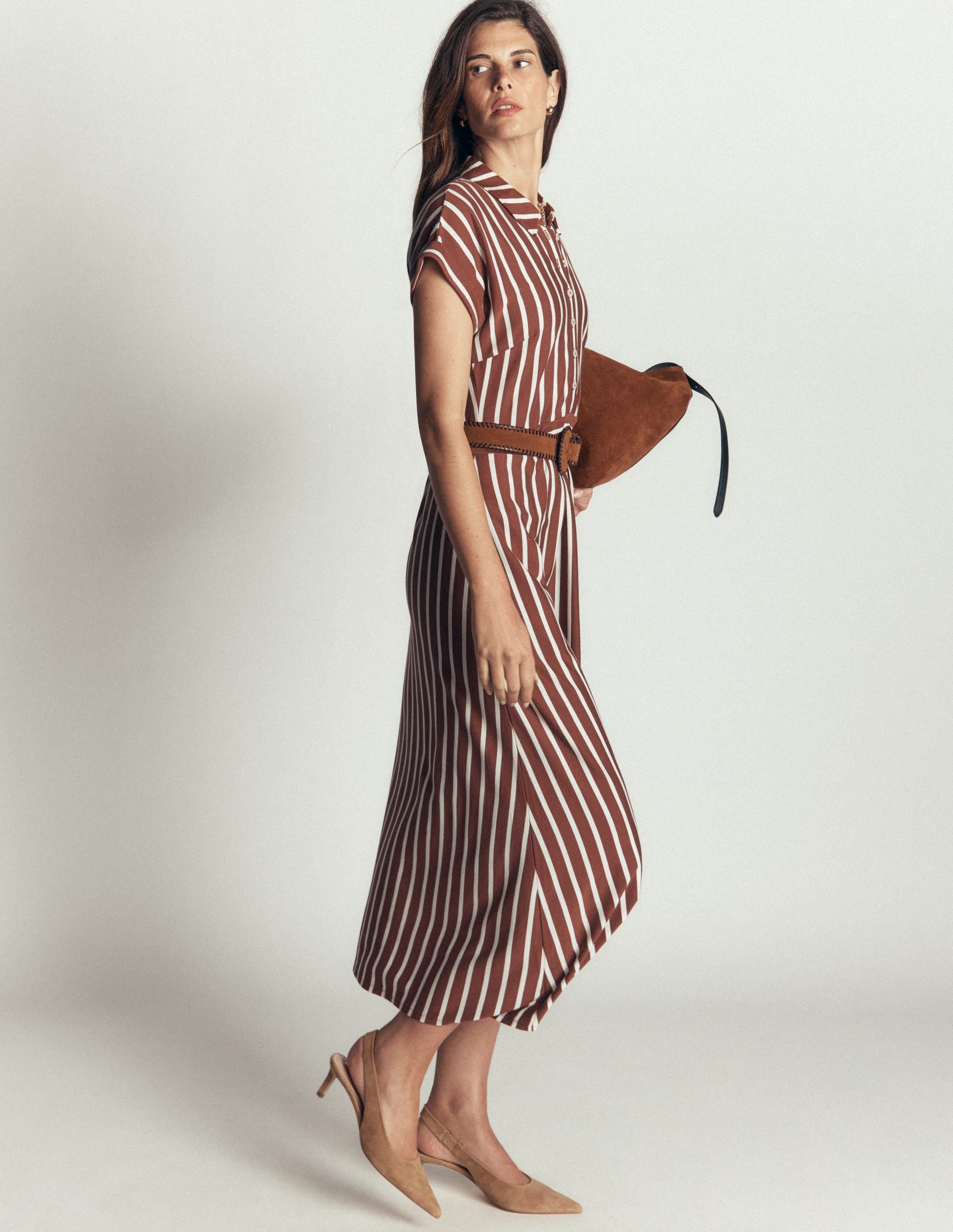 Fae Jersey-Hemdblusenkleid-Braun Streifen - Image 6