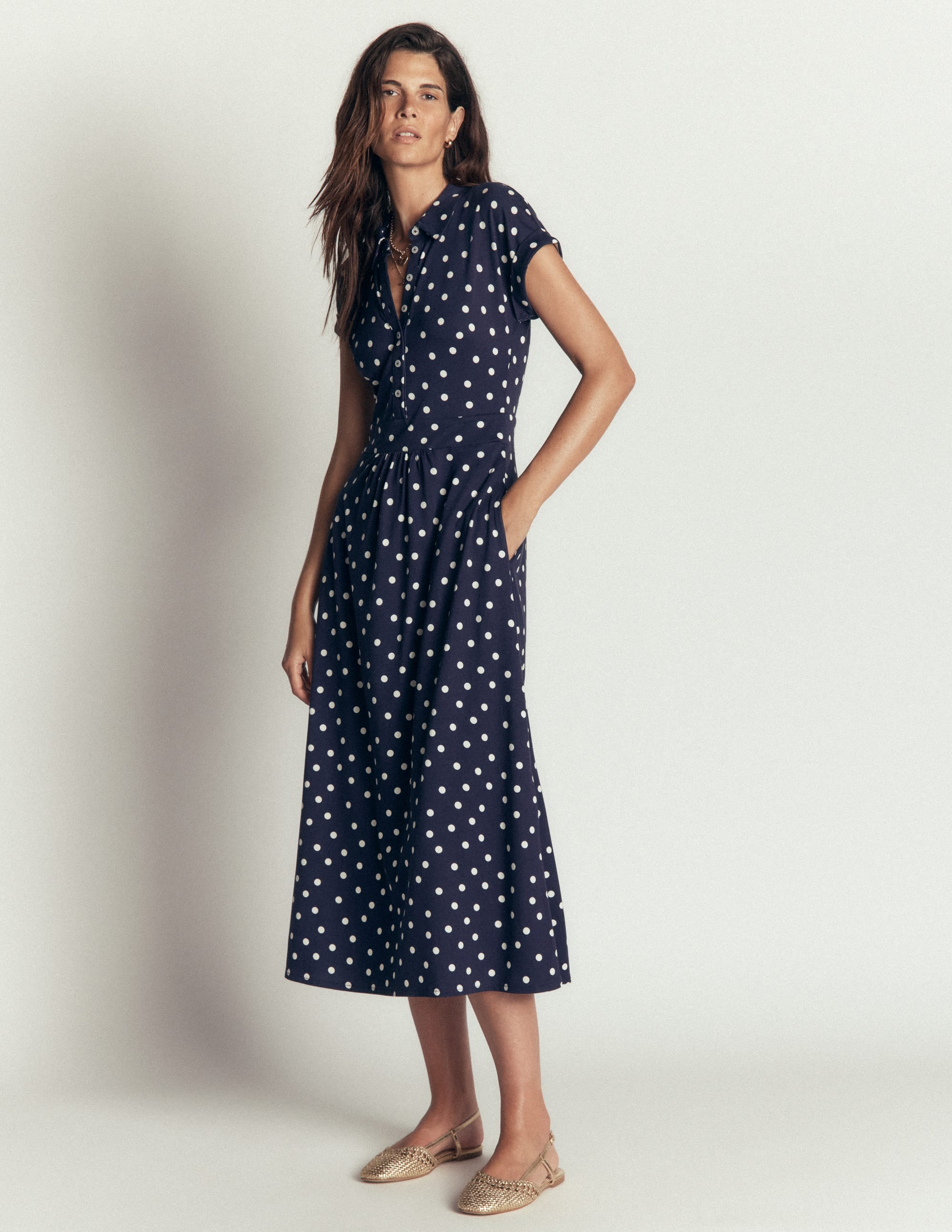 Robe-chemise Fae en jersey-Bleu marine, pois peints espacés - Image 1