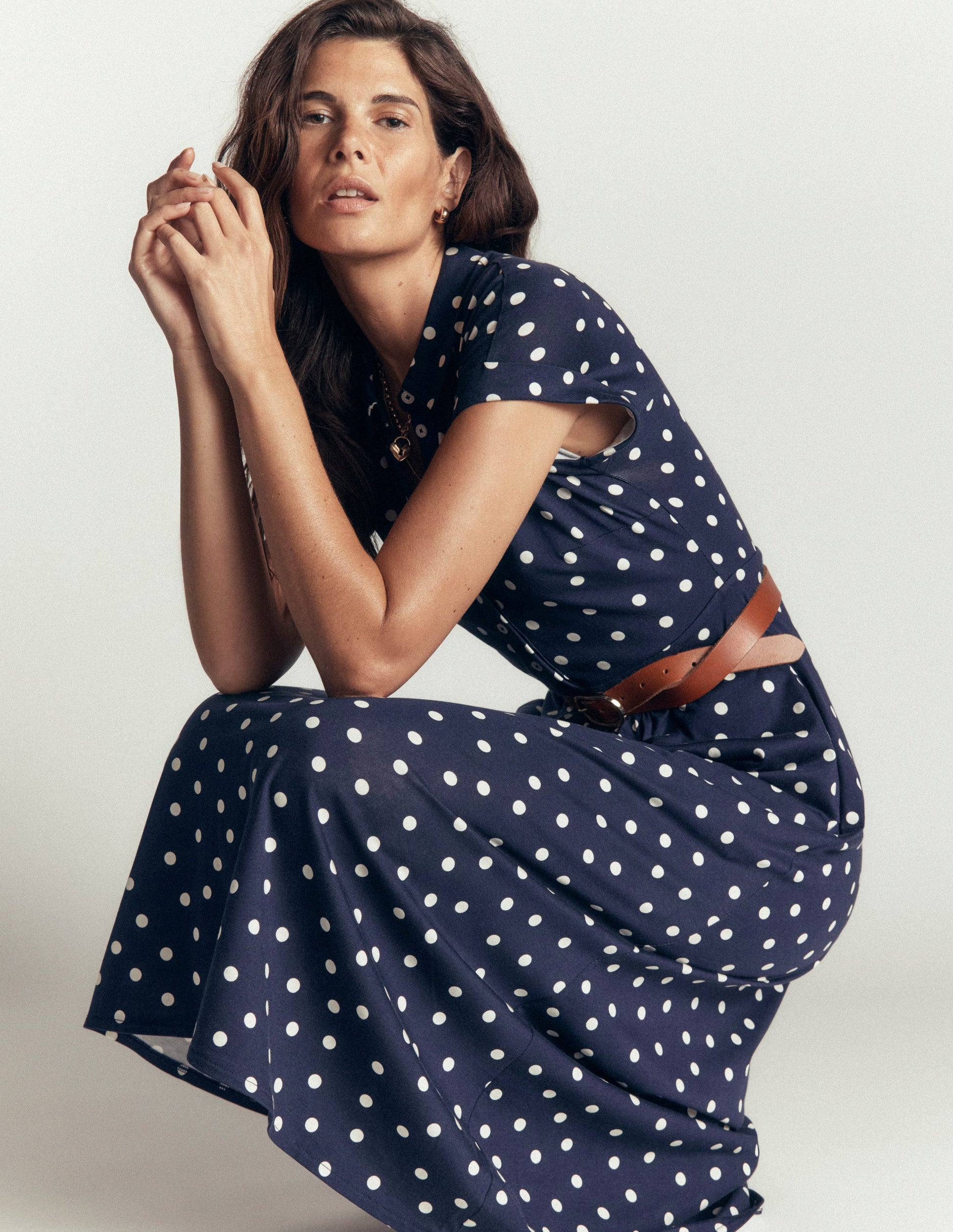 Robe-chemise Fae en jersey-Bleu marine, pois peints espacés-3