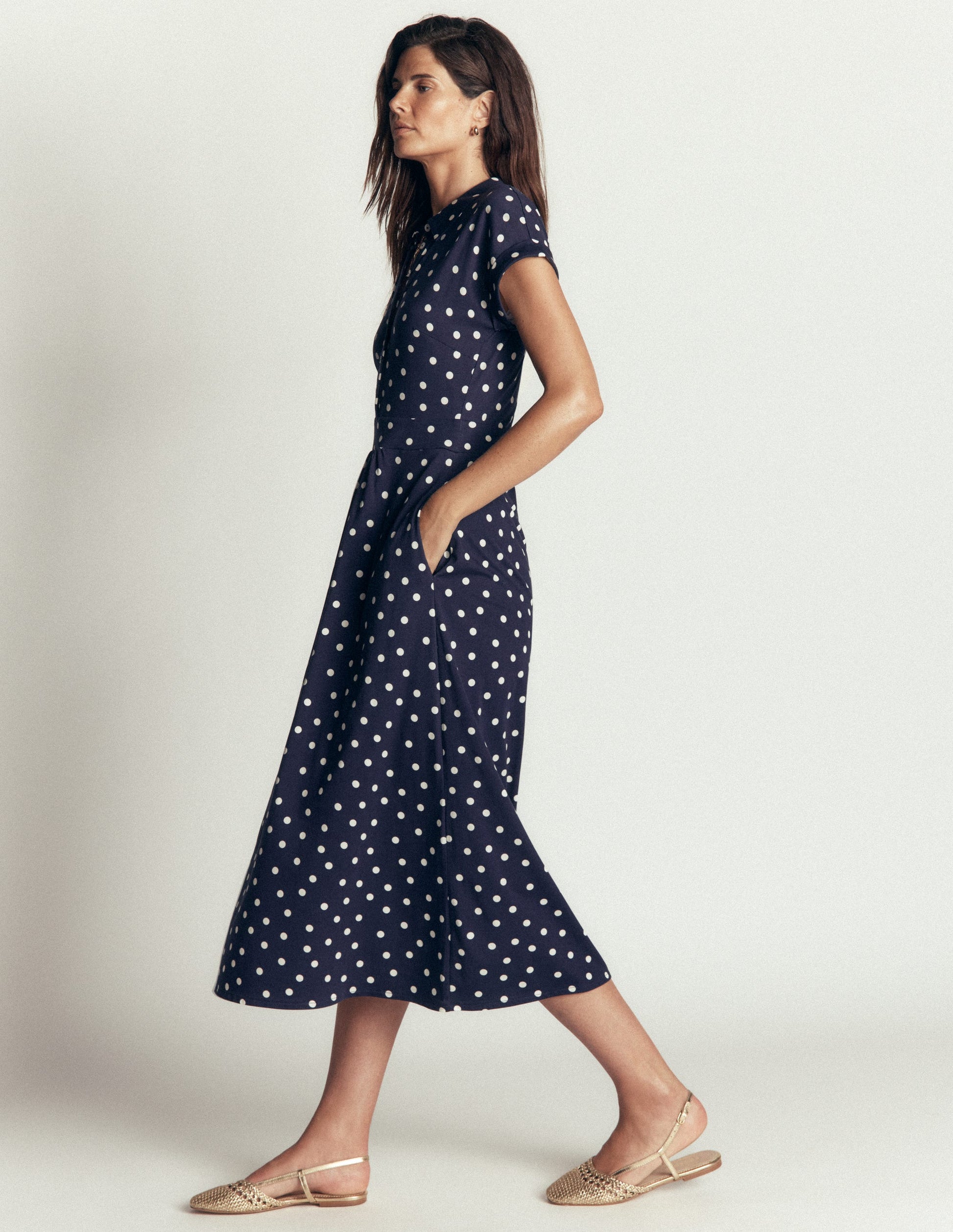 Robe-chemise Fae en jersey-Bleu marine, pois peints espacés-4