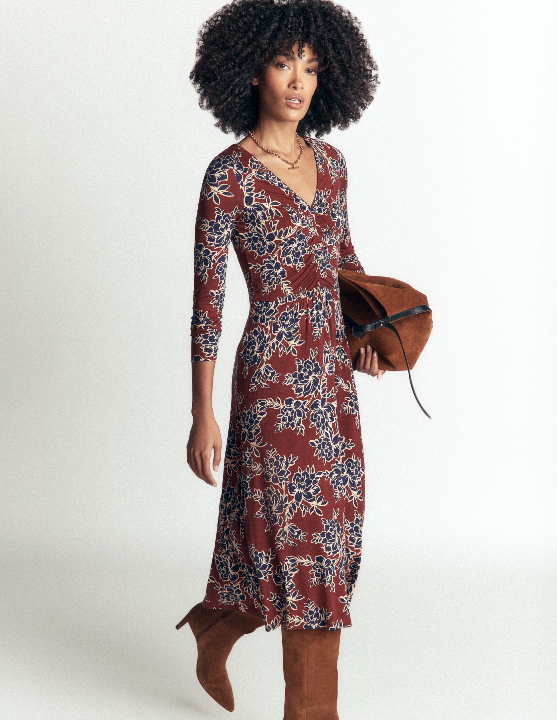 Robe Jasmine froncée en jersey-Chocolat chaud, motif Enchanted Peony-6