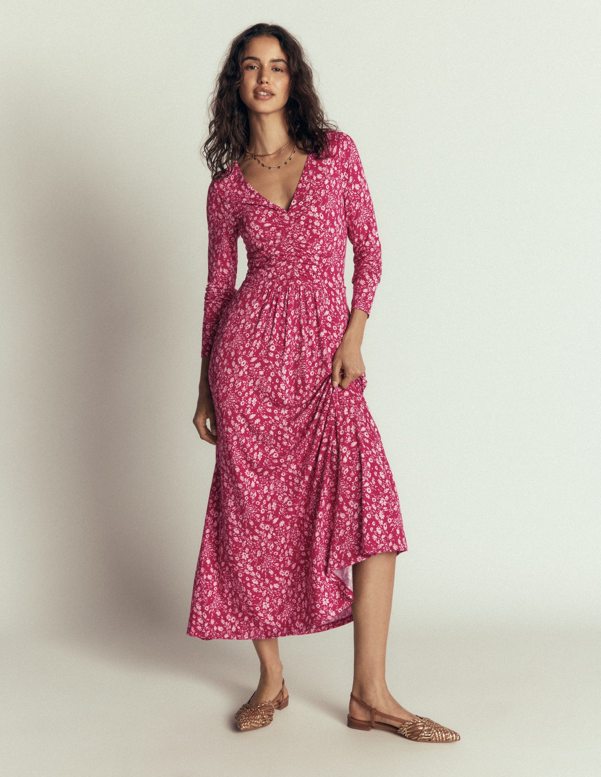 Jasmin Gerafftes Jerseykleid-Süßkirsche, Streublumen-1