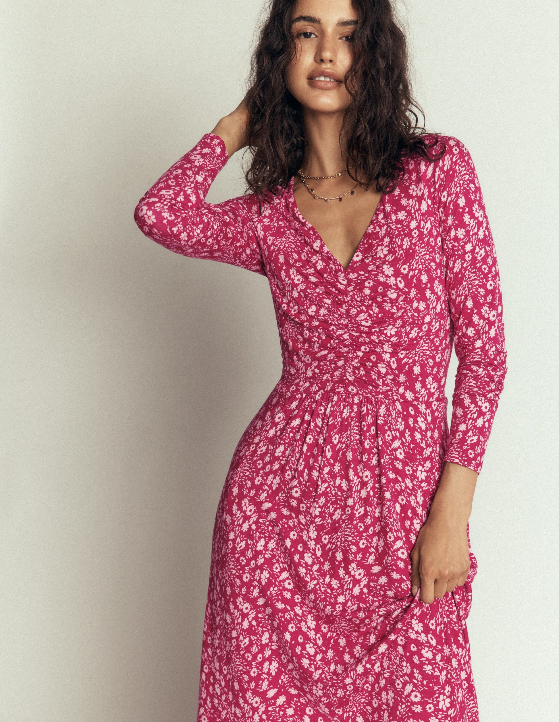 Jasmin Gerafftes Jerseykleid-Süßkirsche, Streublumen-4