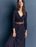 Jasmin Gerafftes Jerseykleid-Französisches Marineblau, Gemalte Tupfen