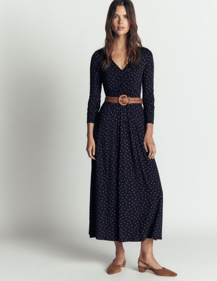 Jasmin Gerafftes Jerseykleid-Französisches Marineblau, Gemalte Tupfen Verteilt